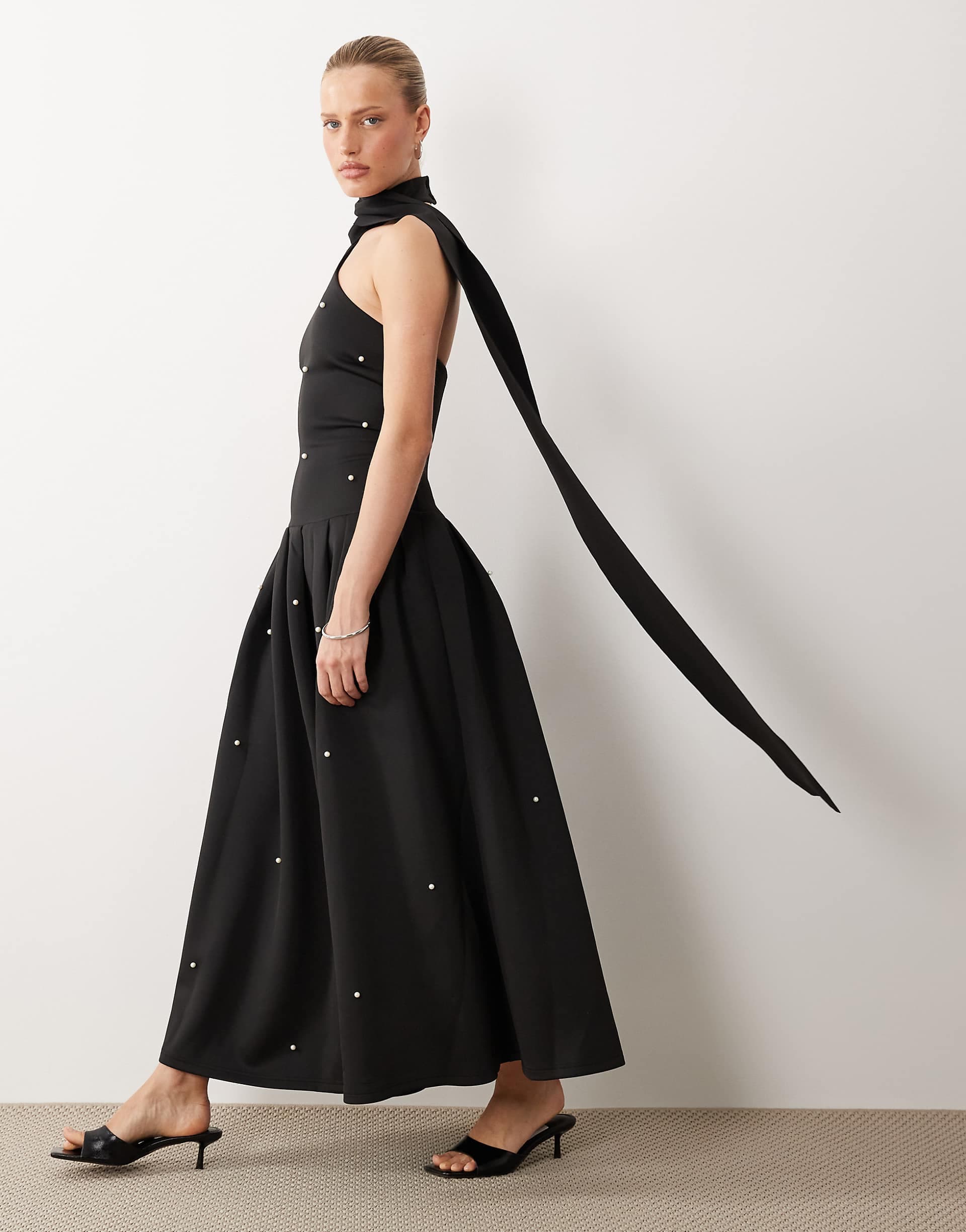 ASOS DESIGN Premium pearl embellished maxi dress with scarf detail in black scuba-style fabric