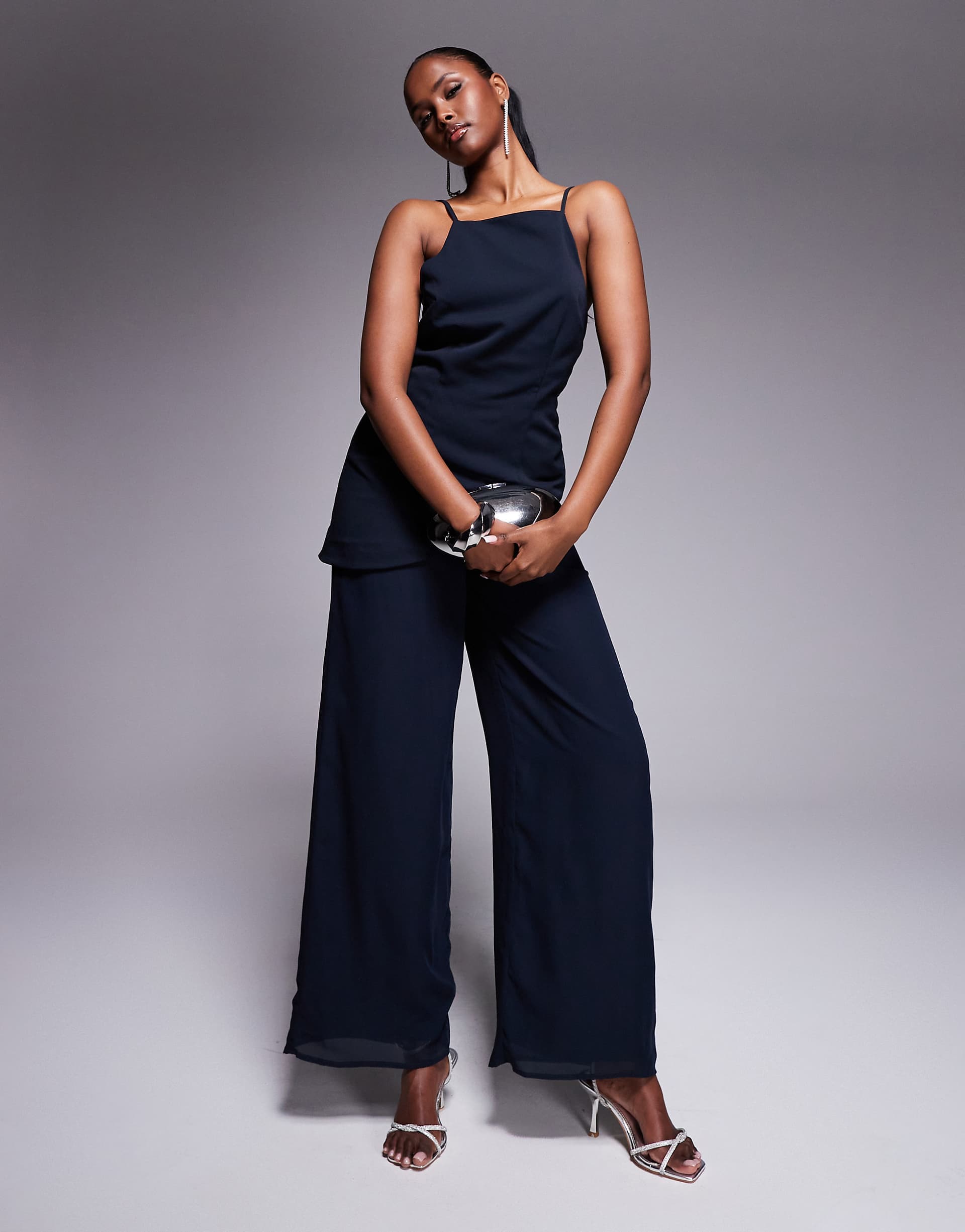 ASOS DESIGN square neck structured jumpsuit with chiffon pants in navy