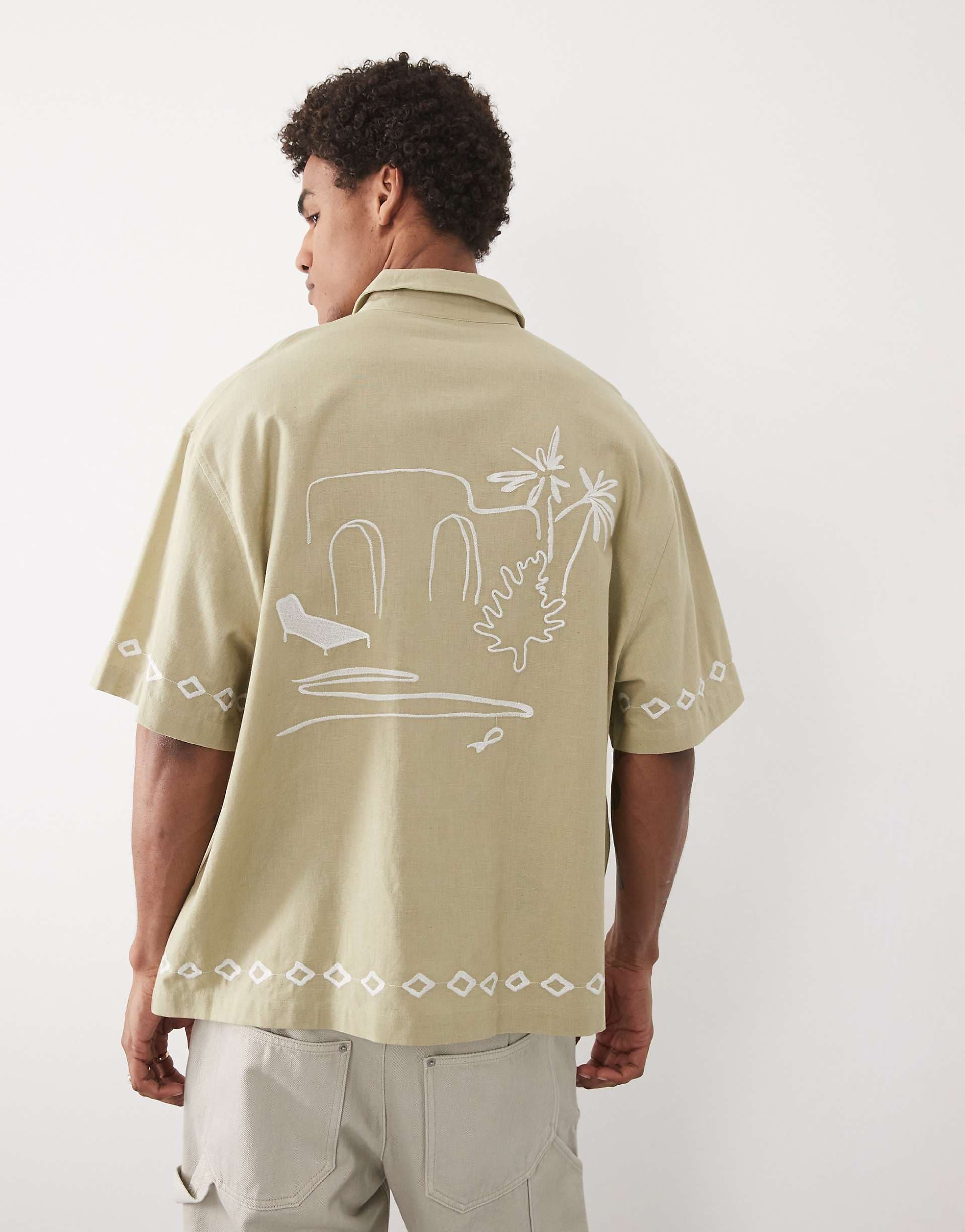 ASOS DESIGN oversized shirt with linen and embroidery in khaki