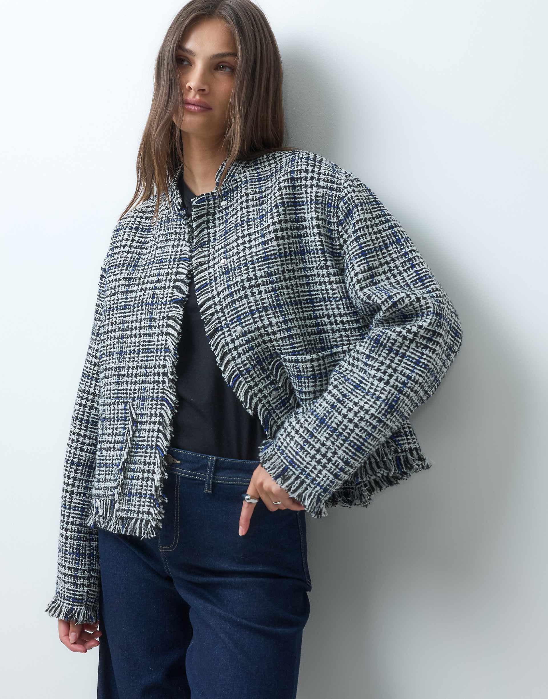 ASOS DESIGN Tall collarless wool blend boucle jacket in black and white plaid