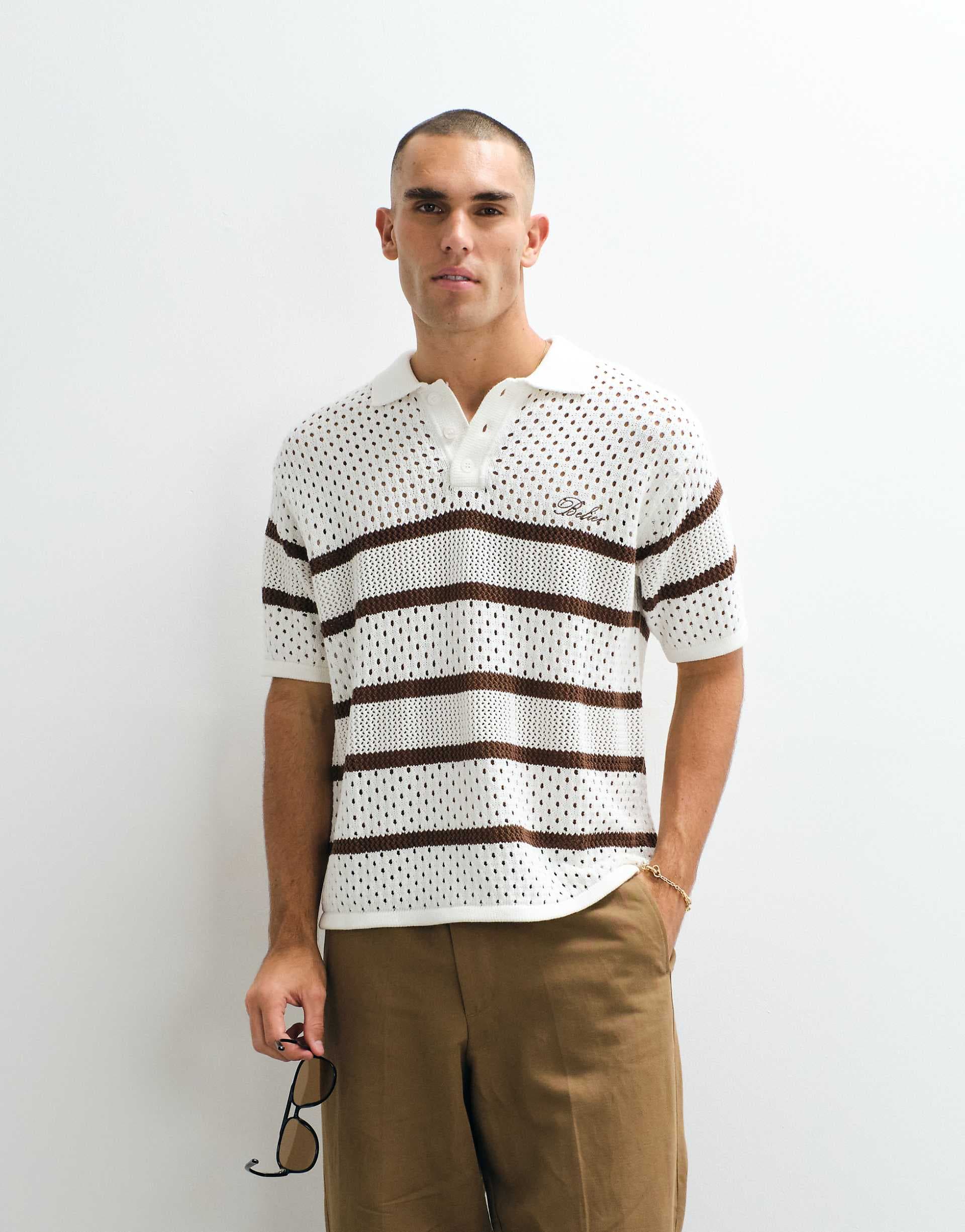 Belier knit crochet stripe polo shirt in ecru & mocha