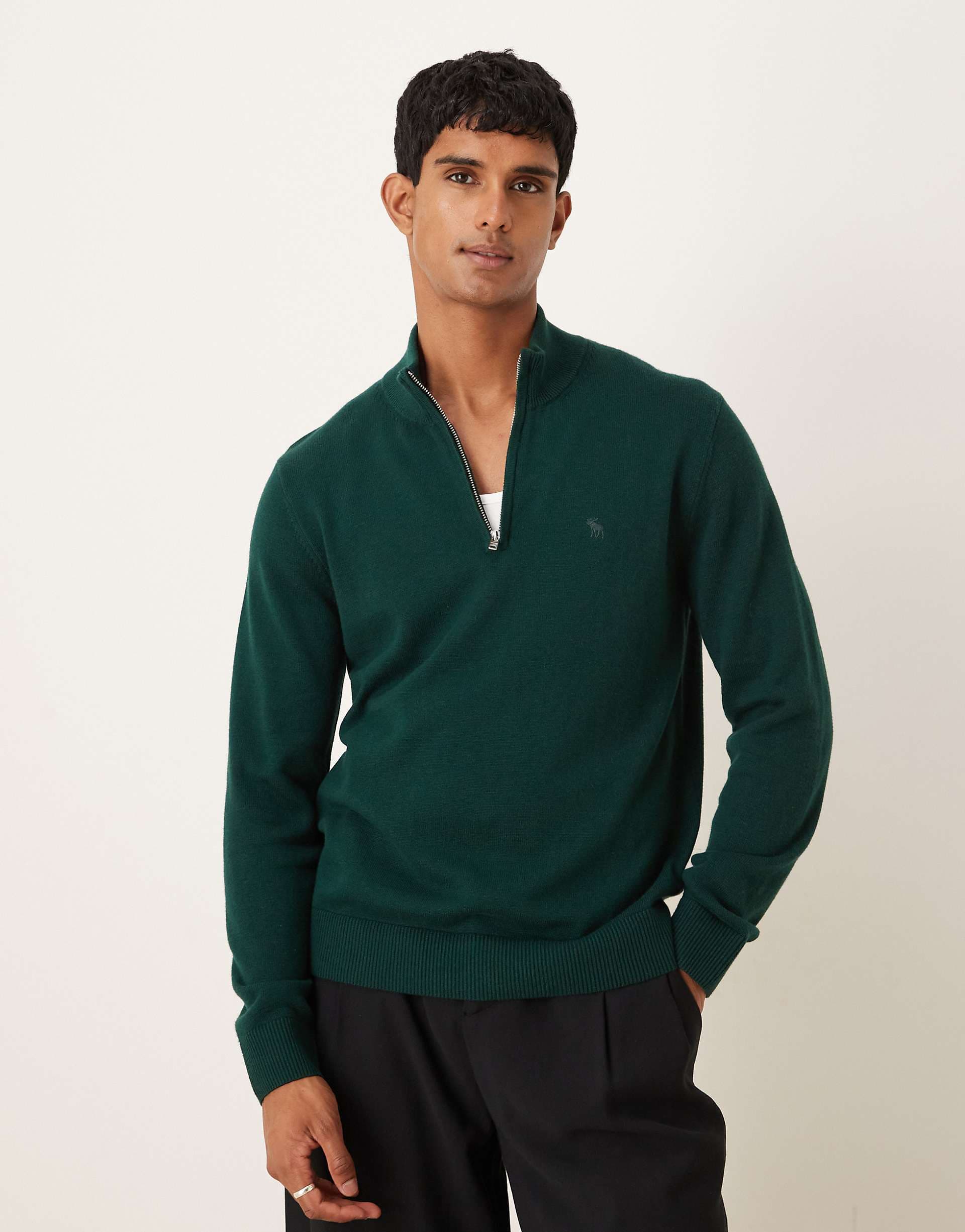 Abercrombie & Fitch long sleeve chest logo quarter zip sweater in green