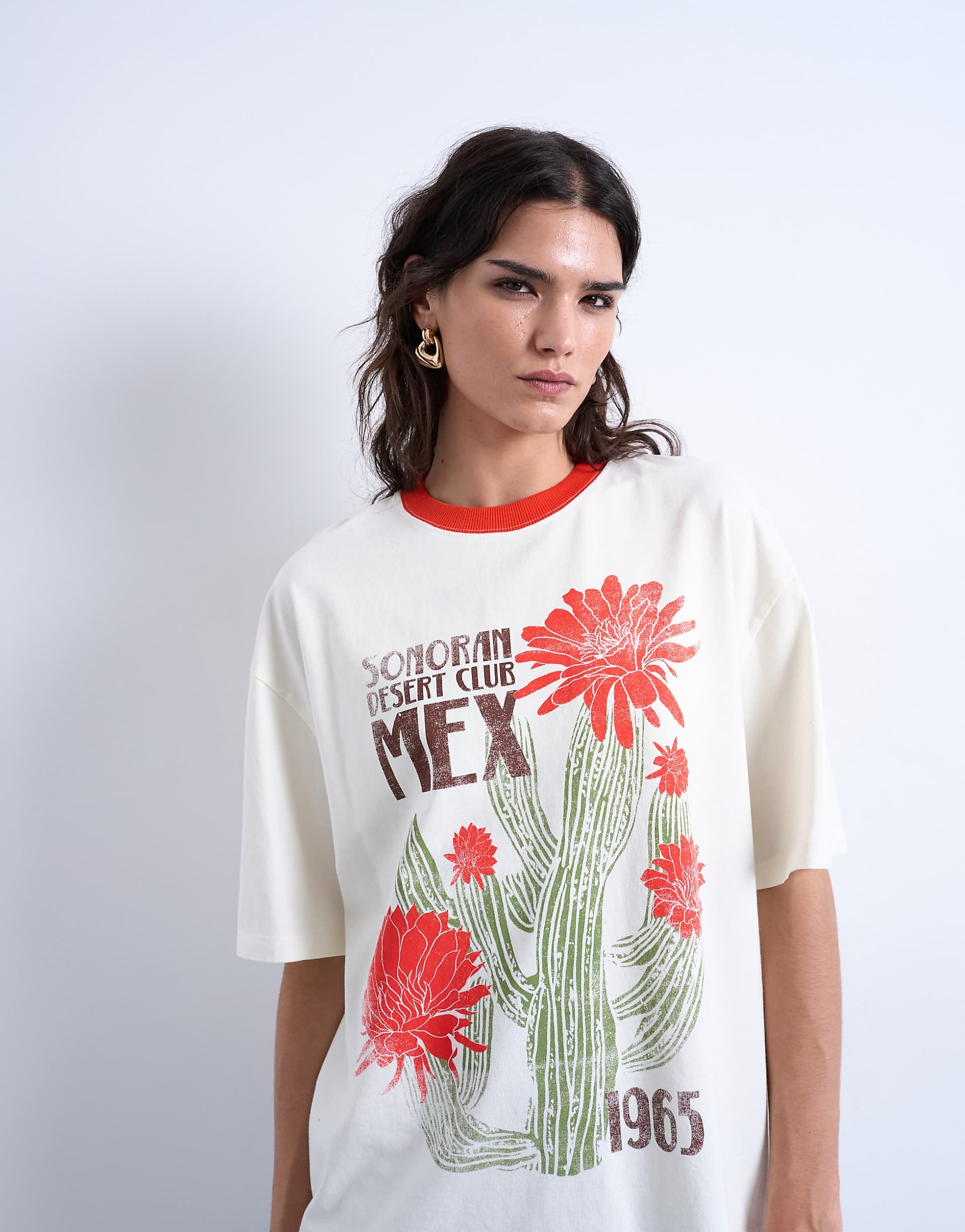 Topshop cactus graphic contrast ringer oversized tee in ecru