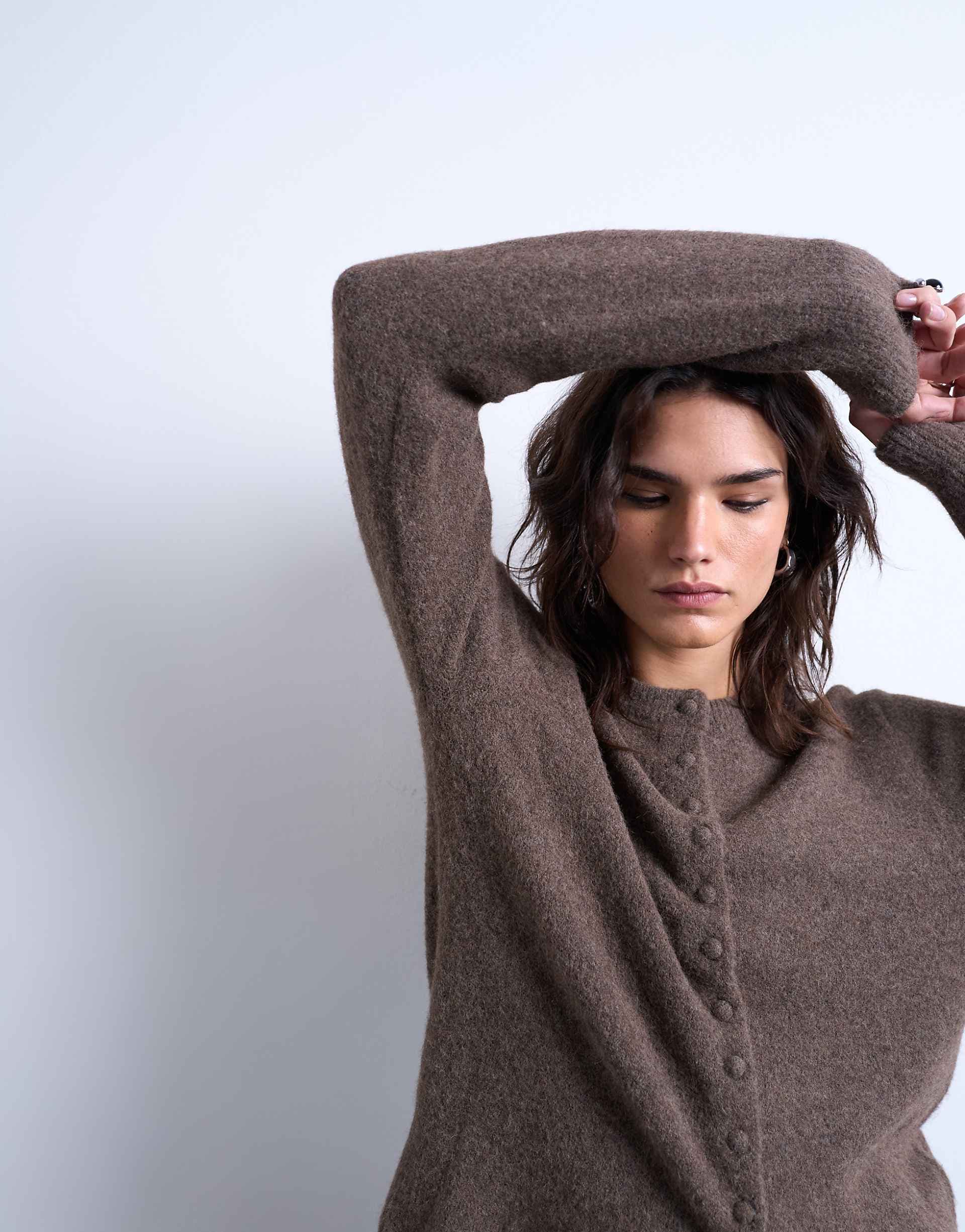Topshop knit cardigan with covered buttons in brown