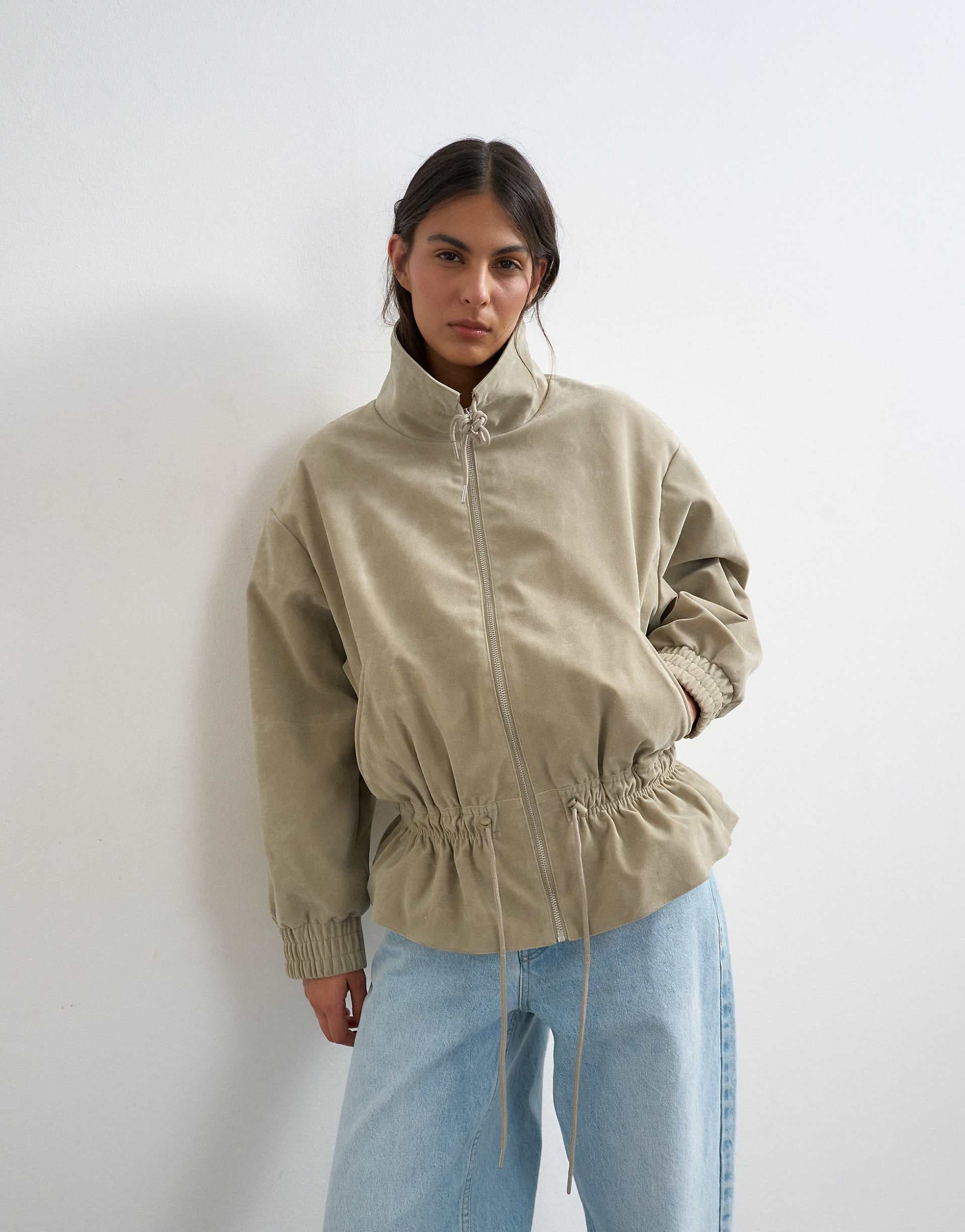 Topshop toggle waist leather look zip up jacket in taupe
