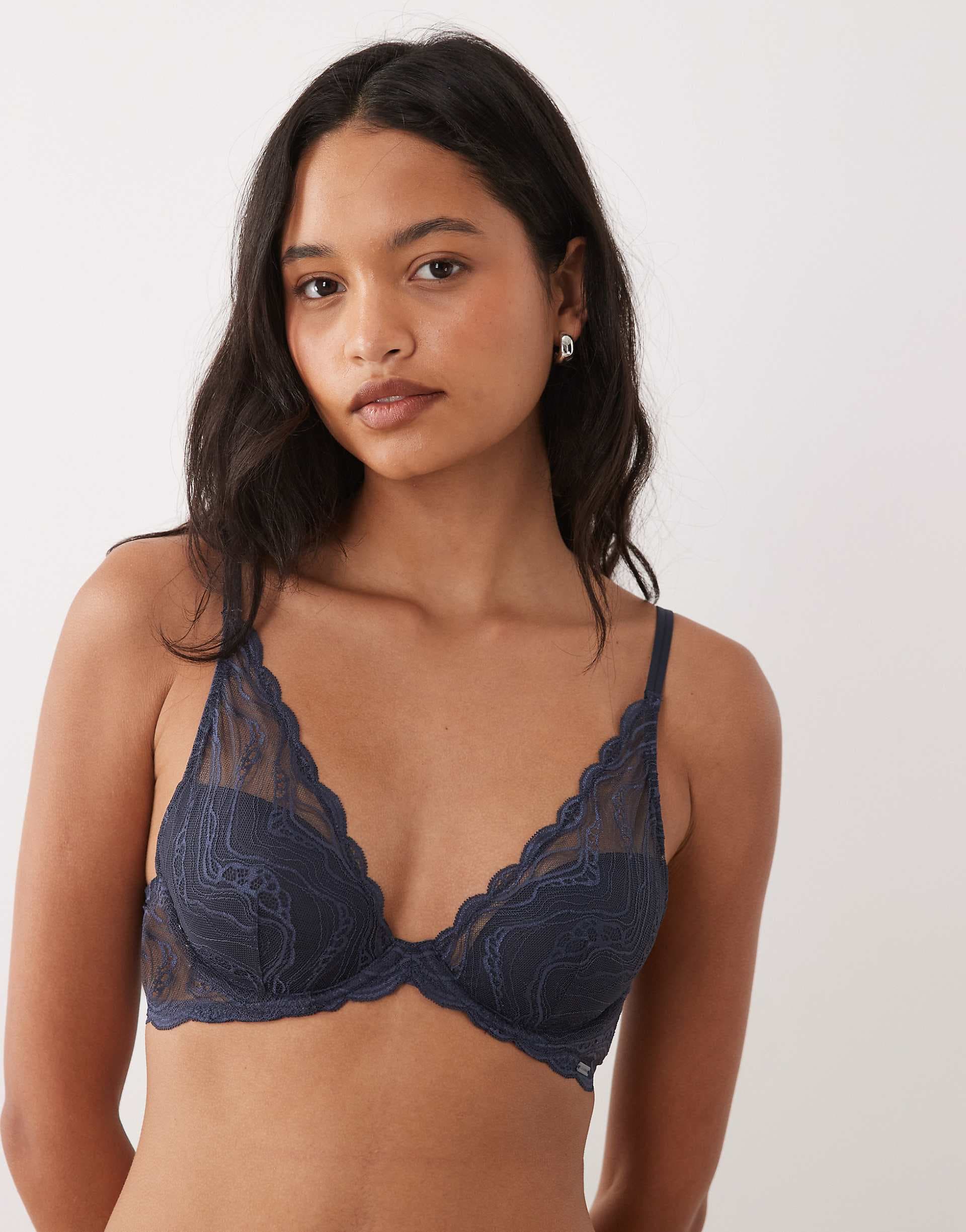 Calvin Klein Sensual Stretch lightly lined plunge lace bra in navy