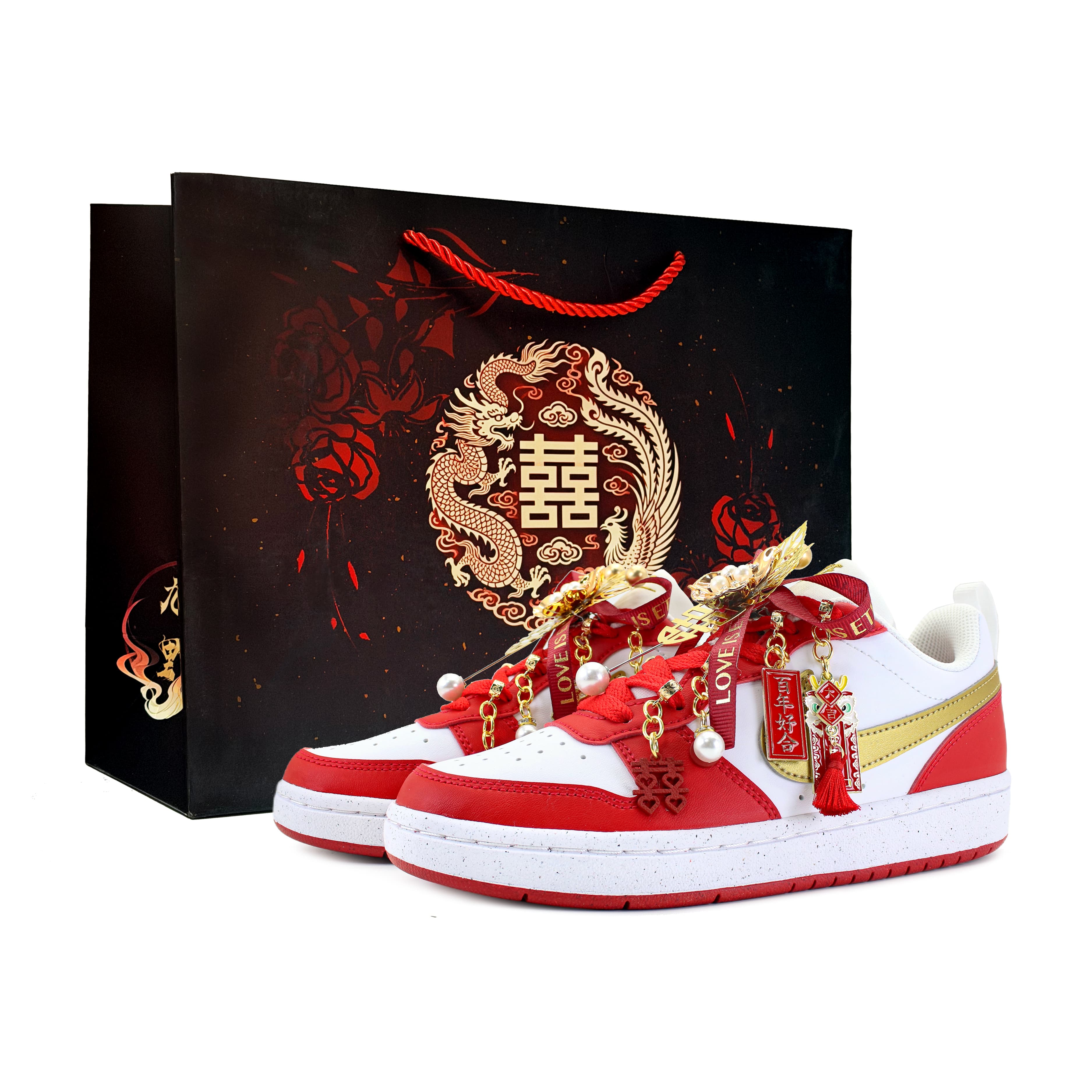 Custom Sneakers Nike Court Borough Low-Top Wedding Chinese Style Sneakers Women's Red-Gold