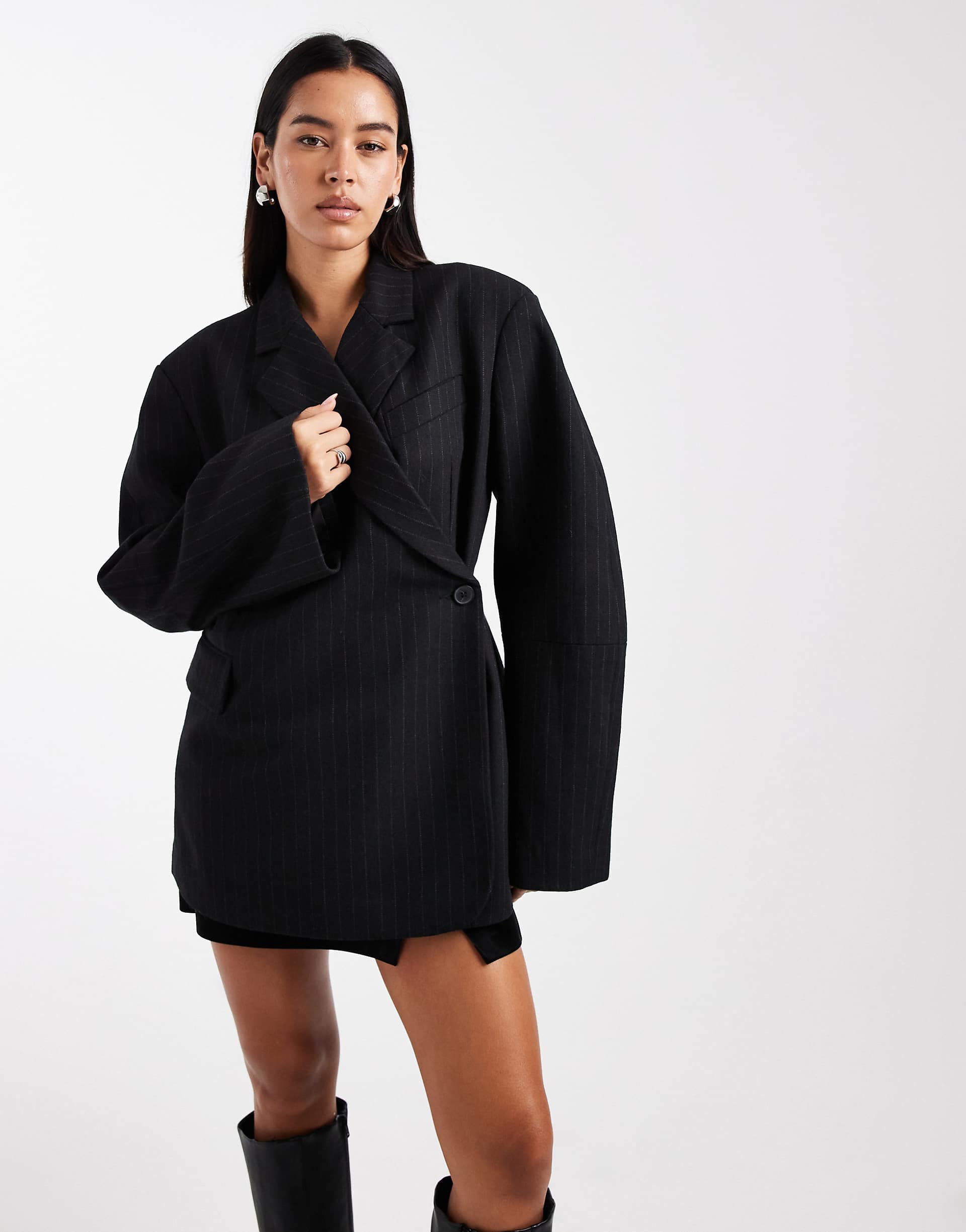 ASOS DESIGN extreme wrap blazer in black pinstripes
