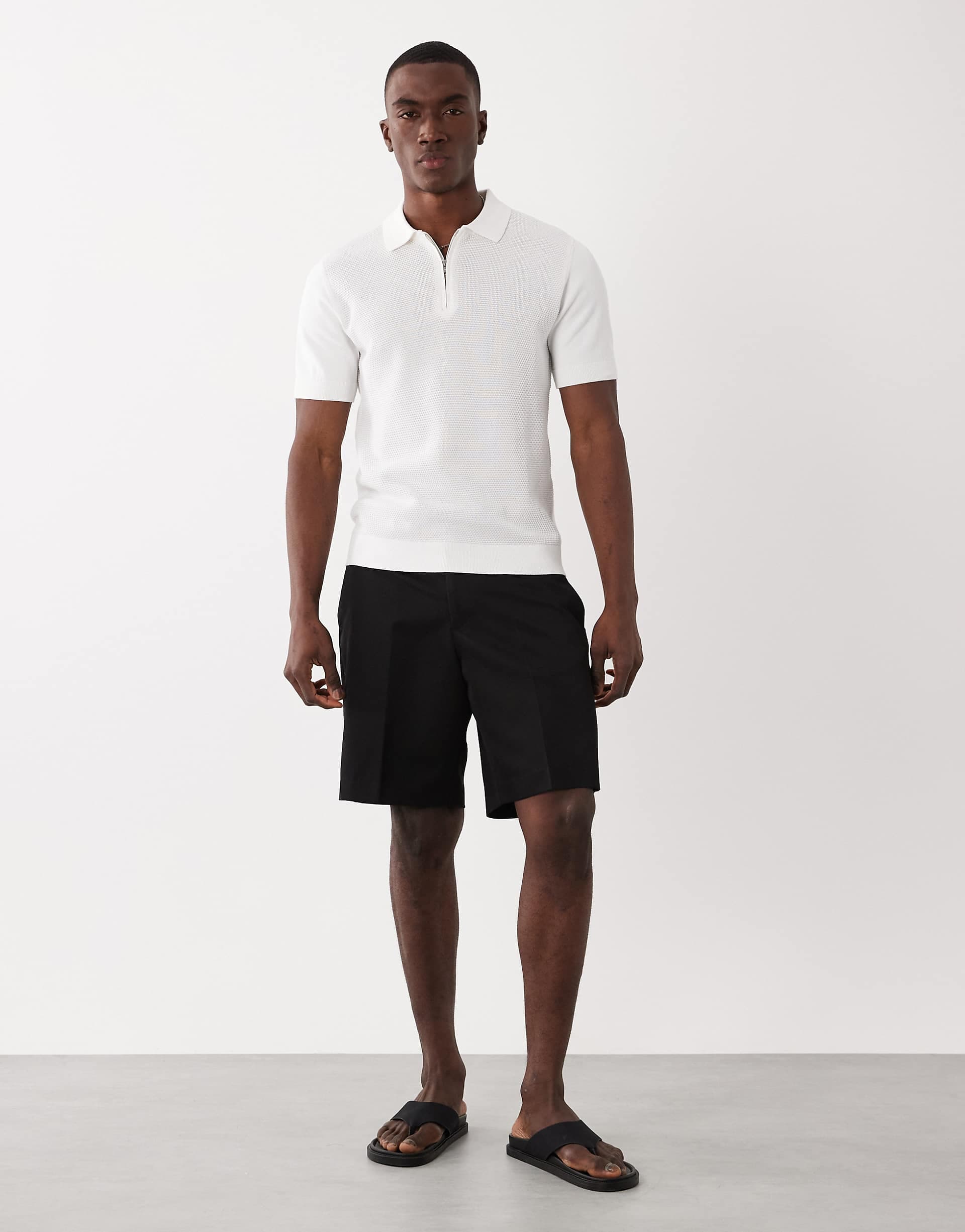 Mango 100% cotton waffle knit quarter zip t-shirt in ecru