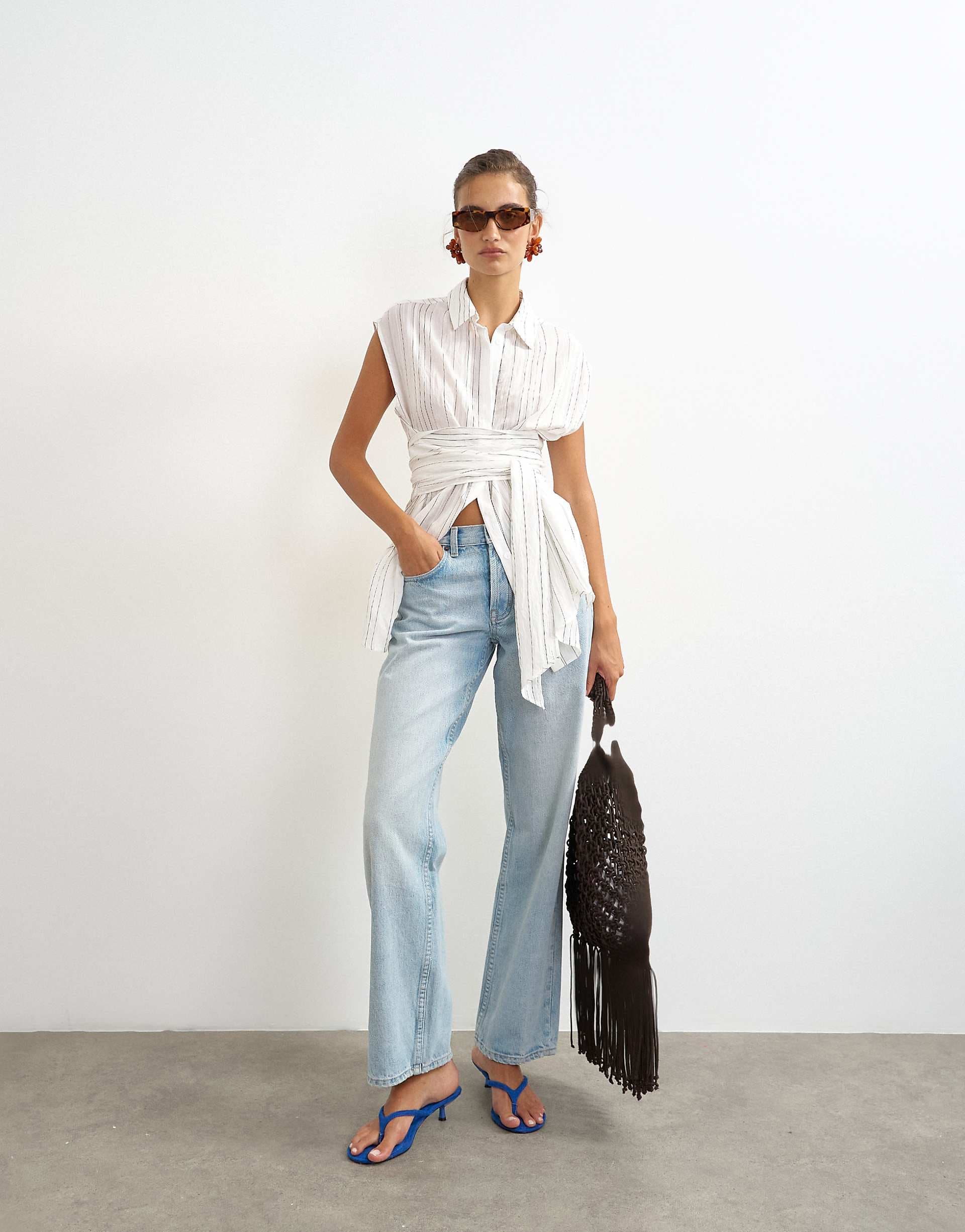 Topshop tie waist sleeveless shirt in white striped print