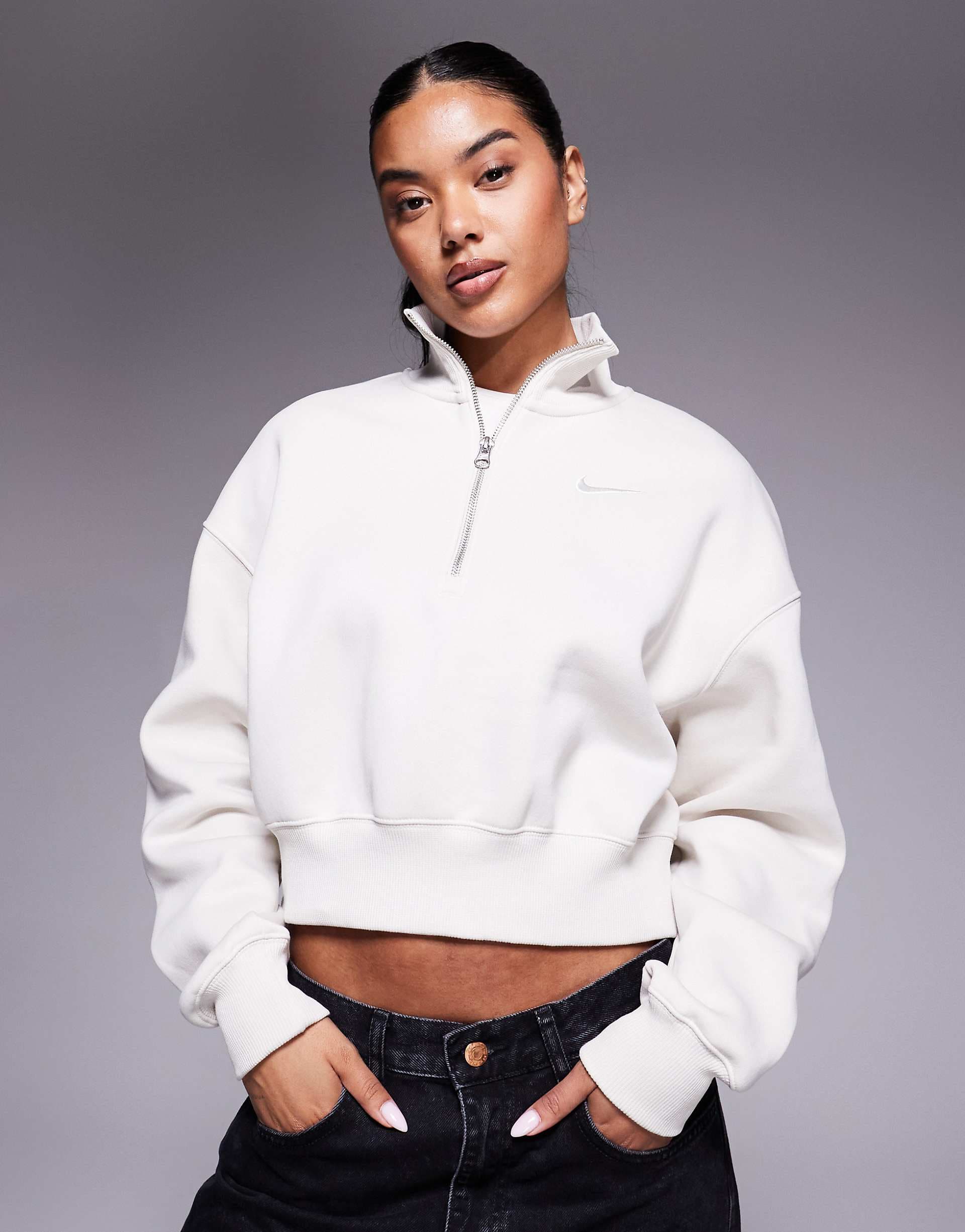 Nike Phoenix Fleece cropped quarter zip sweater in beige