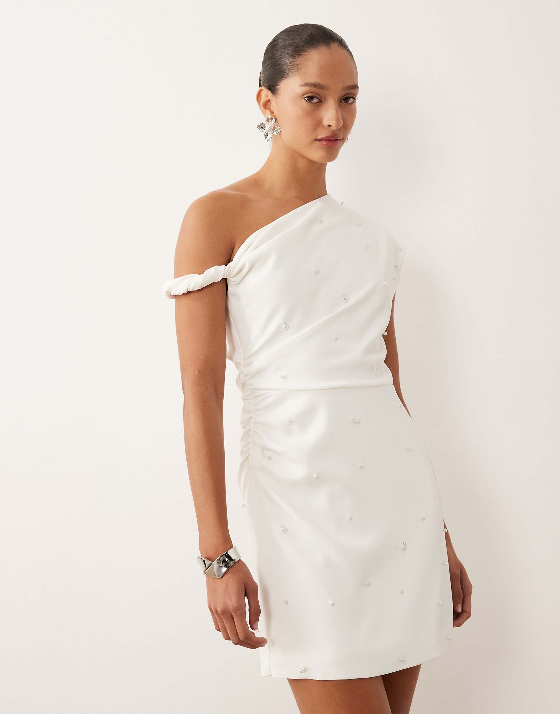 Six Stories Bridal fallen shoulder faux pearl detailing mini dress in white