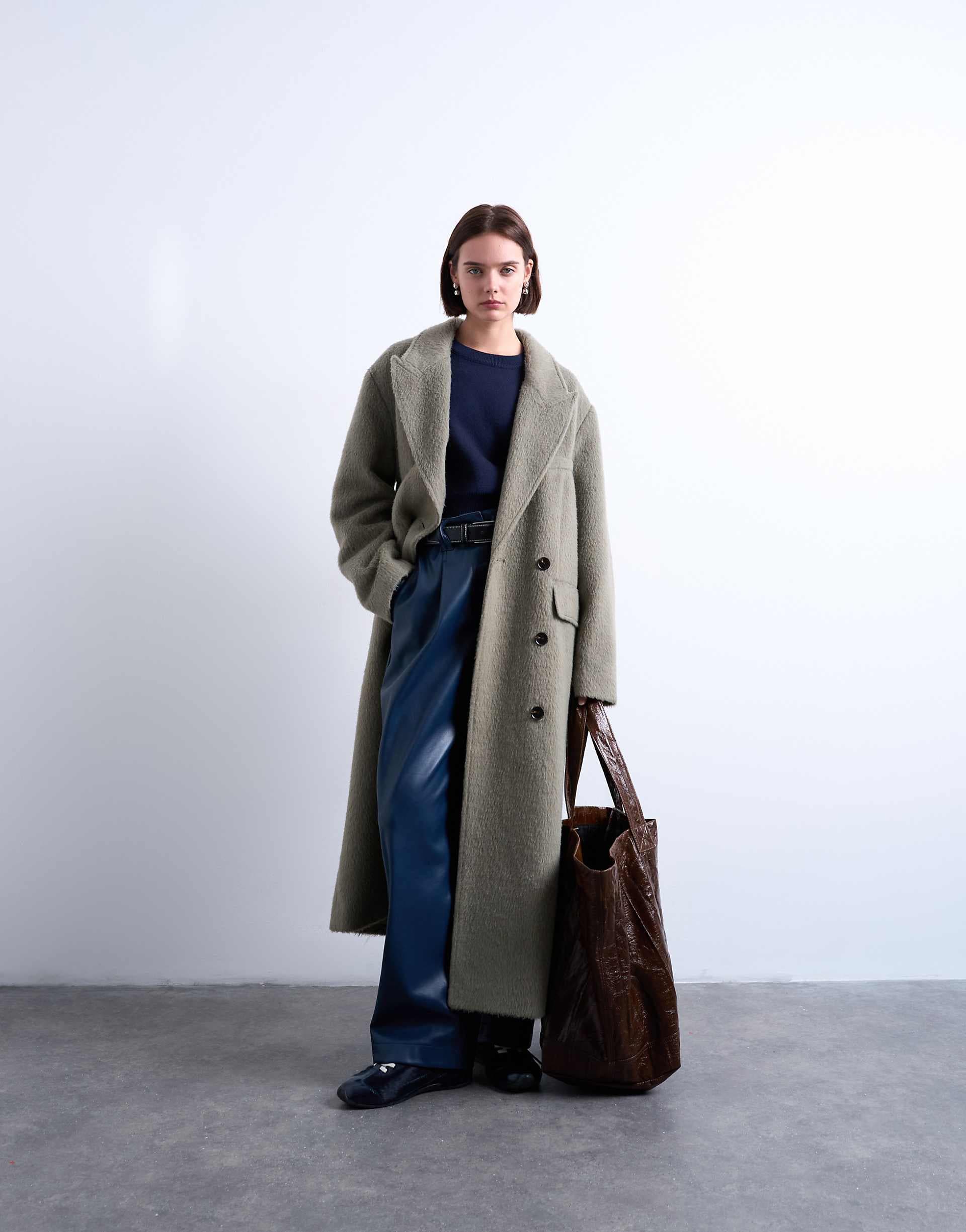 Topshop 3 button brushed wool blend coat in sage
