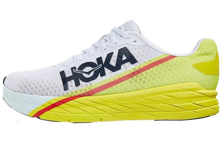 HOKA ONE ONE Rocket X Flat Round Toe Fabric Cushioned Slip-Resistant Wear-Resistant Breathable Lightweight Low-Top Running Shoes Unisex White Yellow