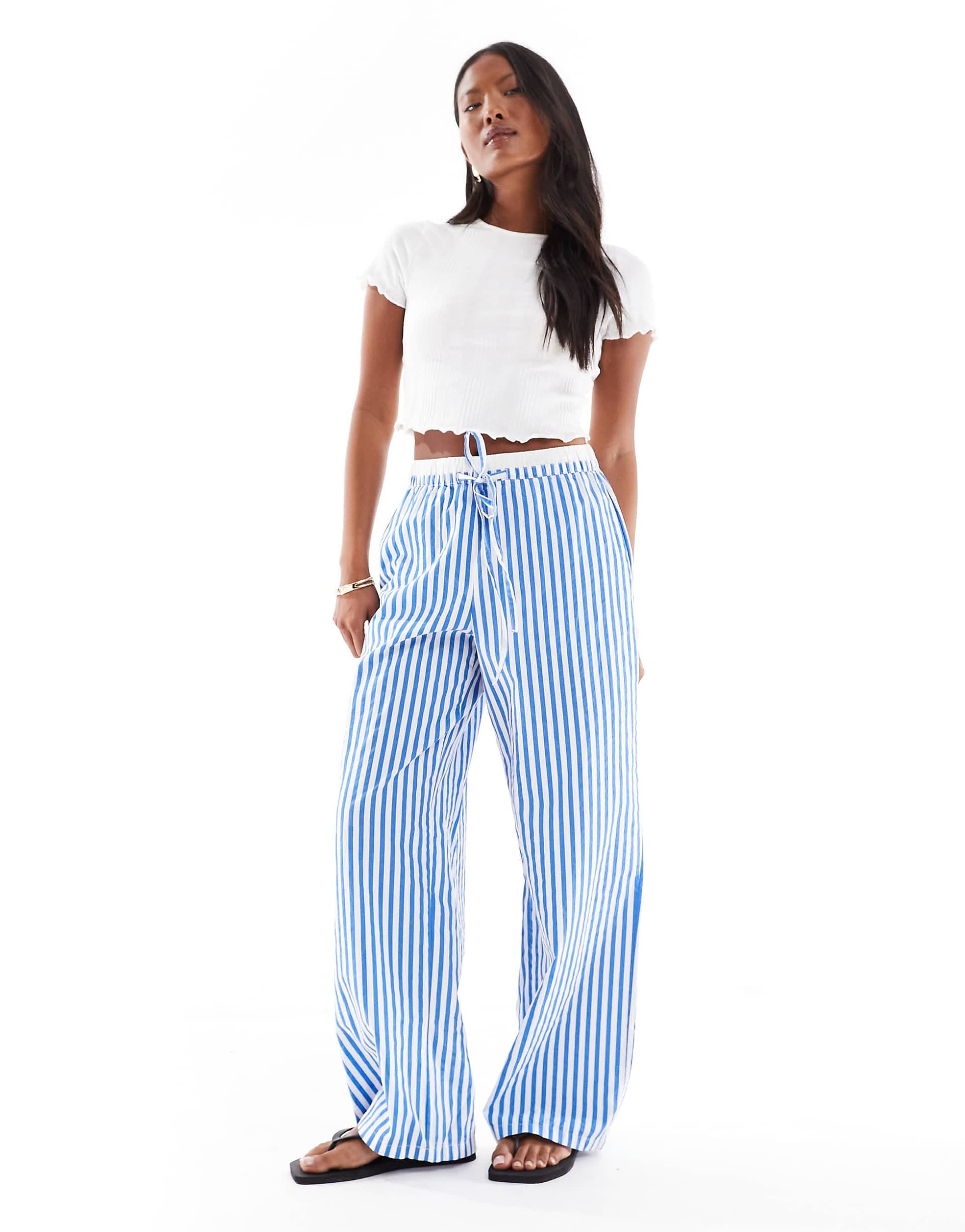 Vero Moda Petite double waistband detail wide leg pants in blue stripes