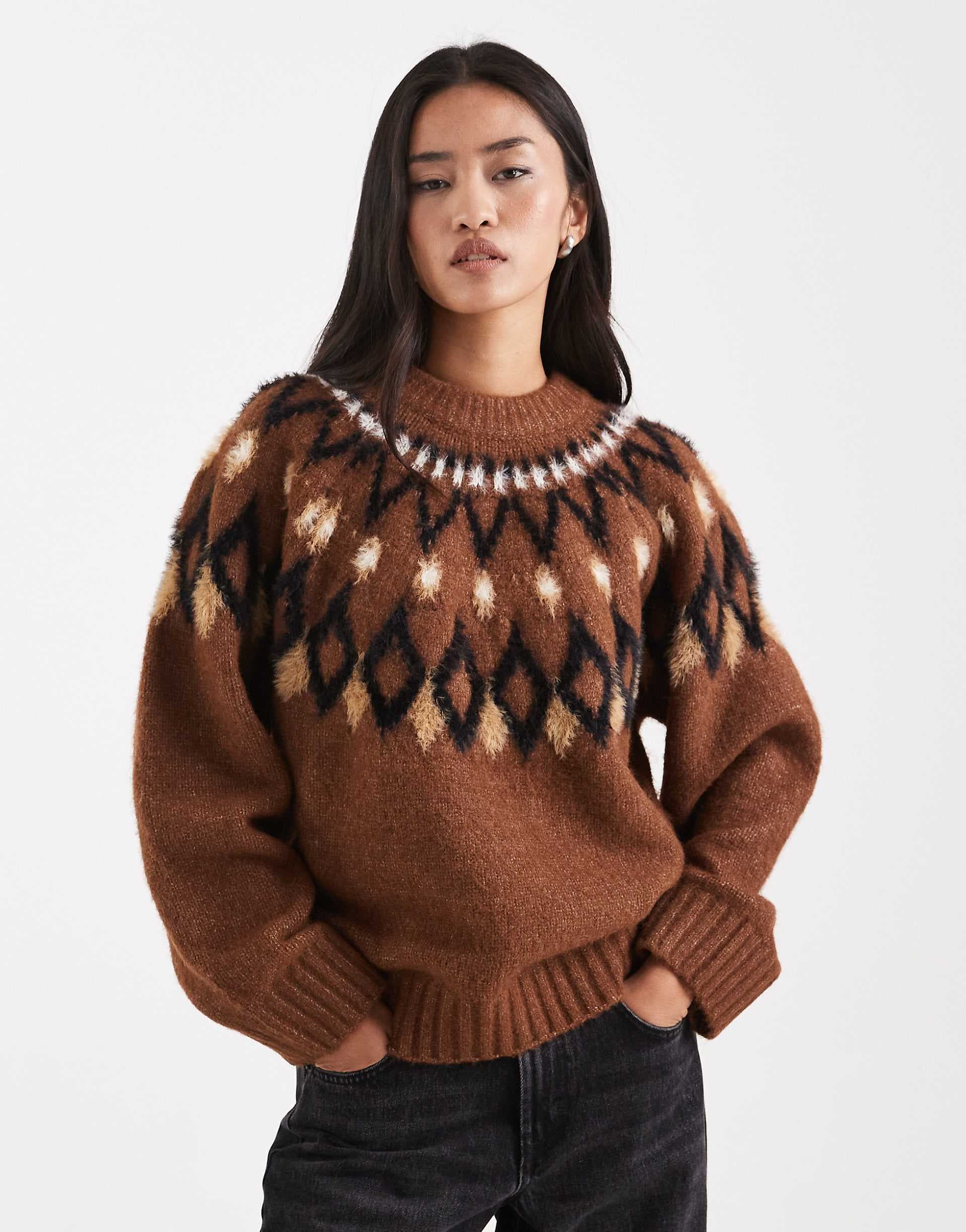 ASOS DESIGN eyelash yoke placement sweater in toffee
