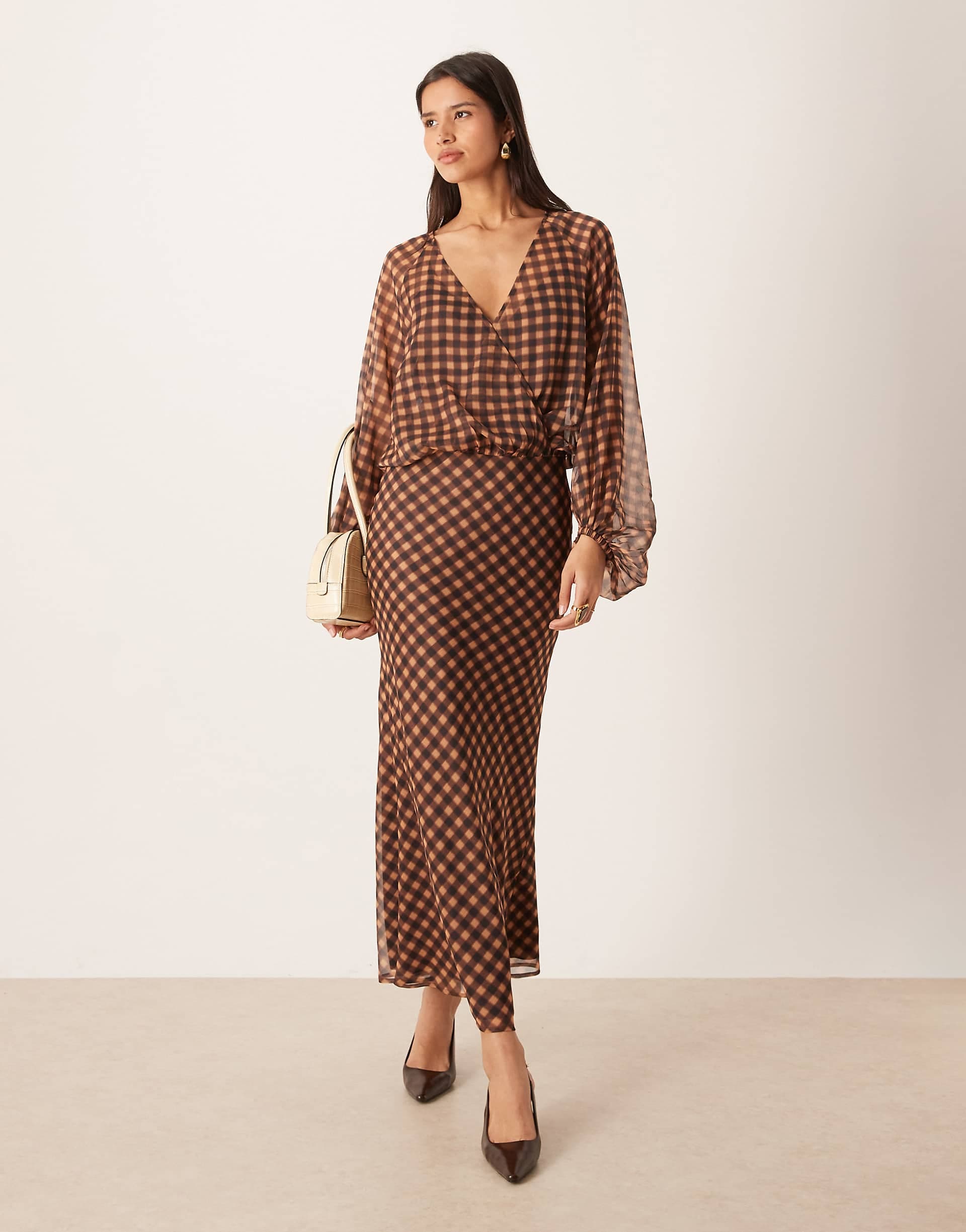 ASOS DESIGN wrap maxi dress in brown blurred gingham