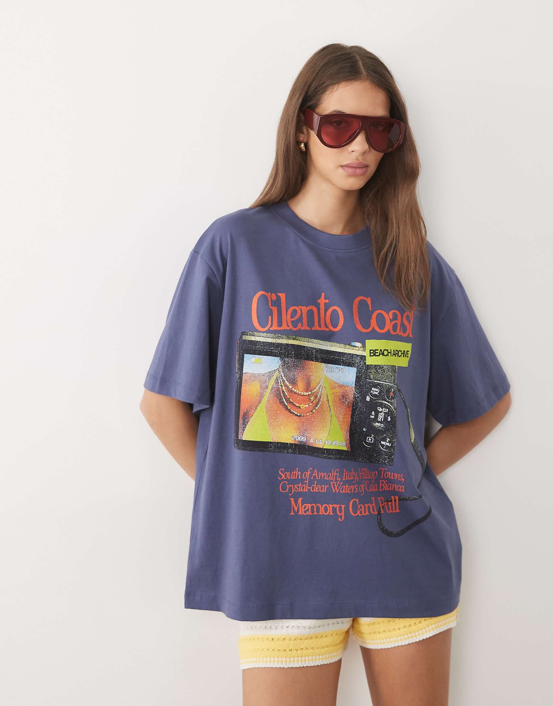 ASOS DESIGN oversized t-shirt with retro Cilento Coast graphic in blue