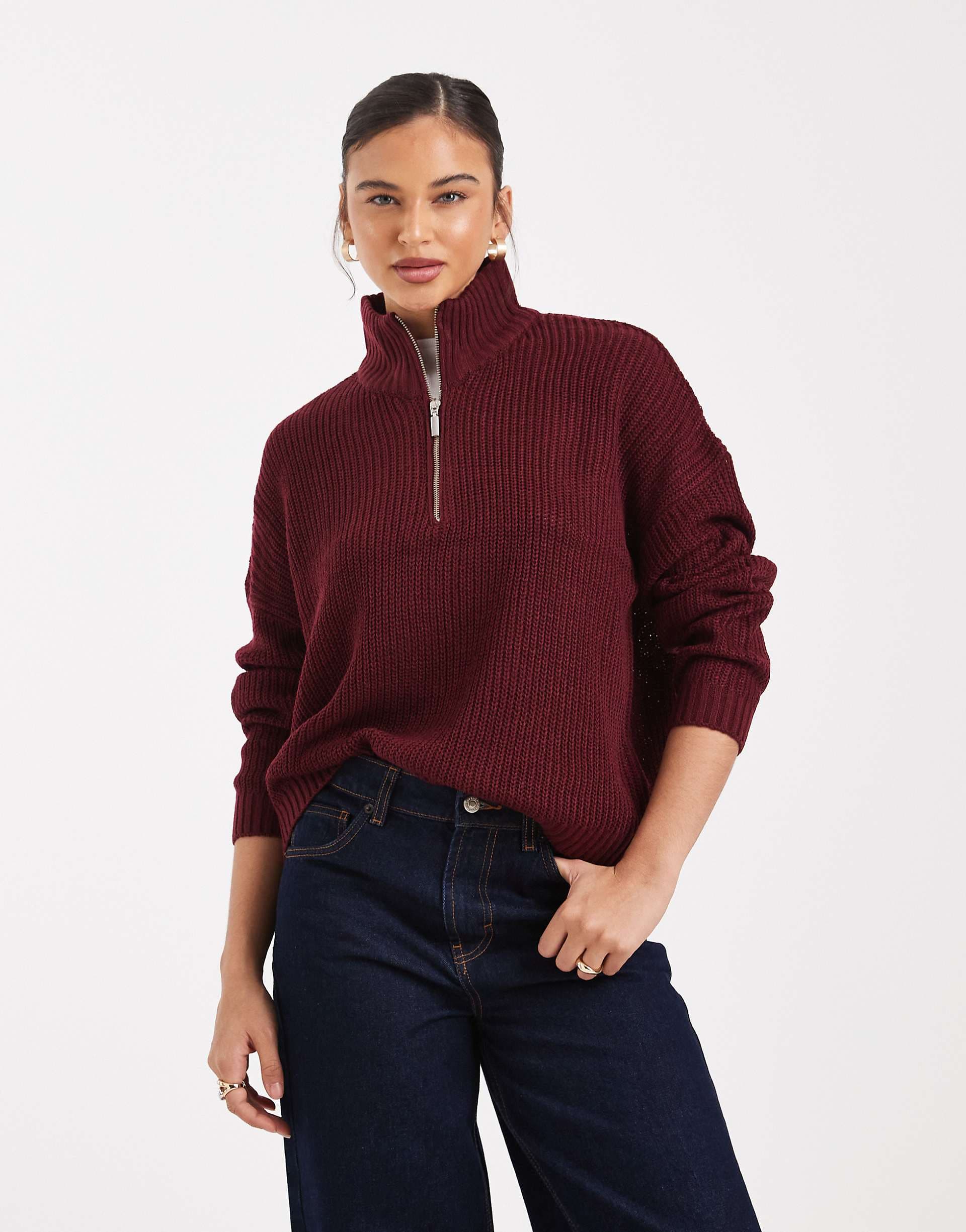 Brave Soul chunky knit quarter zip sweater in burgundy