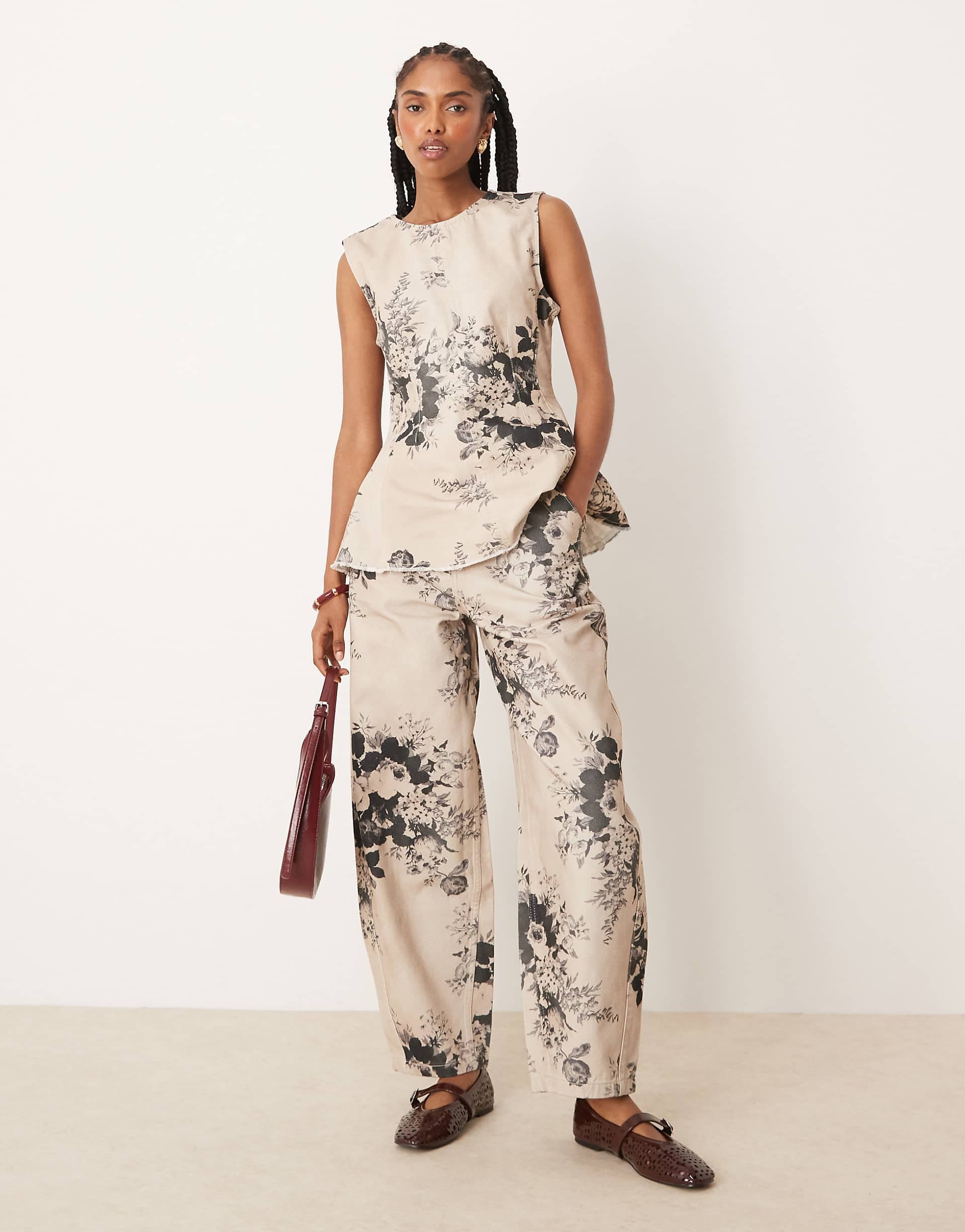 ASOS DESIGN barrel leg pants in taupe floral print