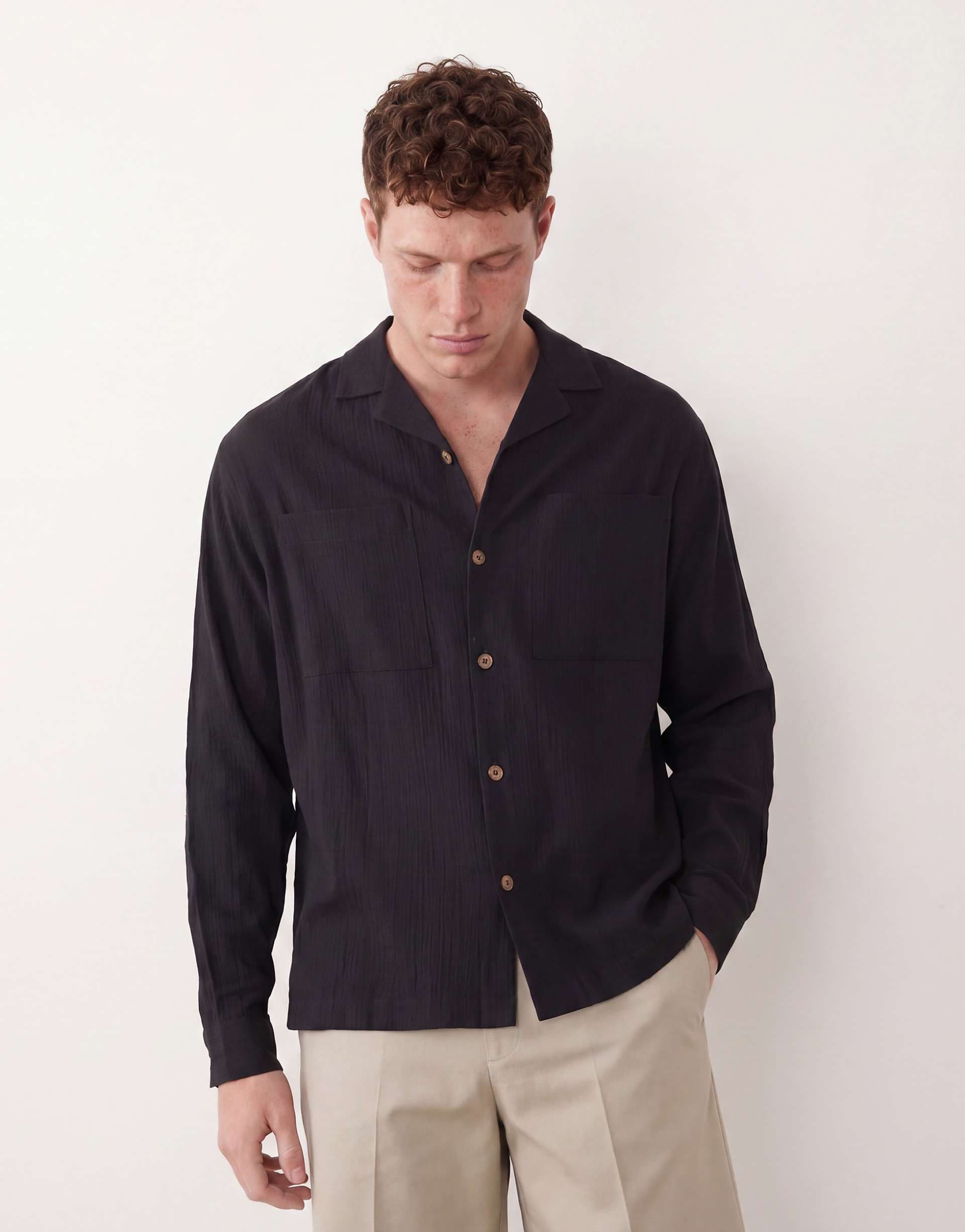 ASOS DESIGN oversized revere crinkle texture shirt in black