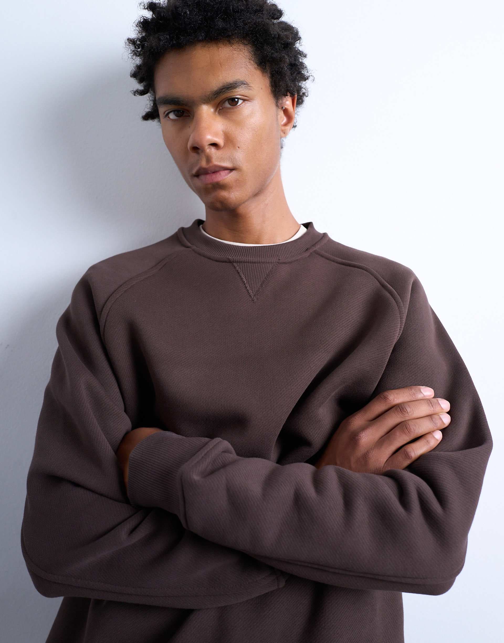 Topman premium heavyweight sporty raglan sweatshirt with raw seam in brown
