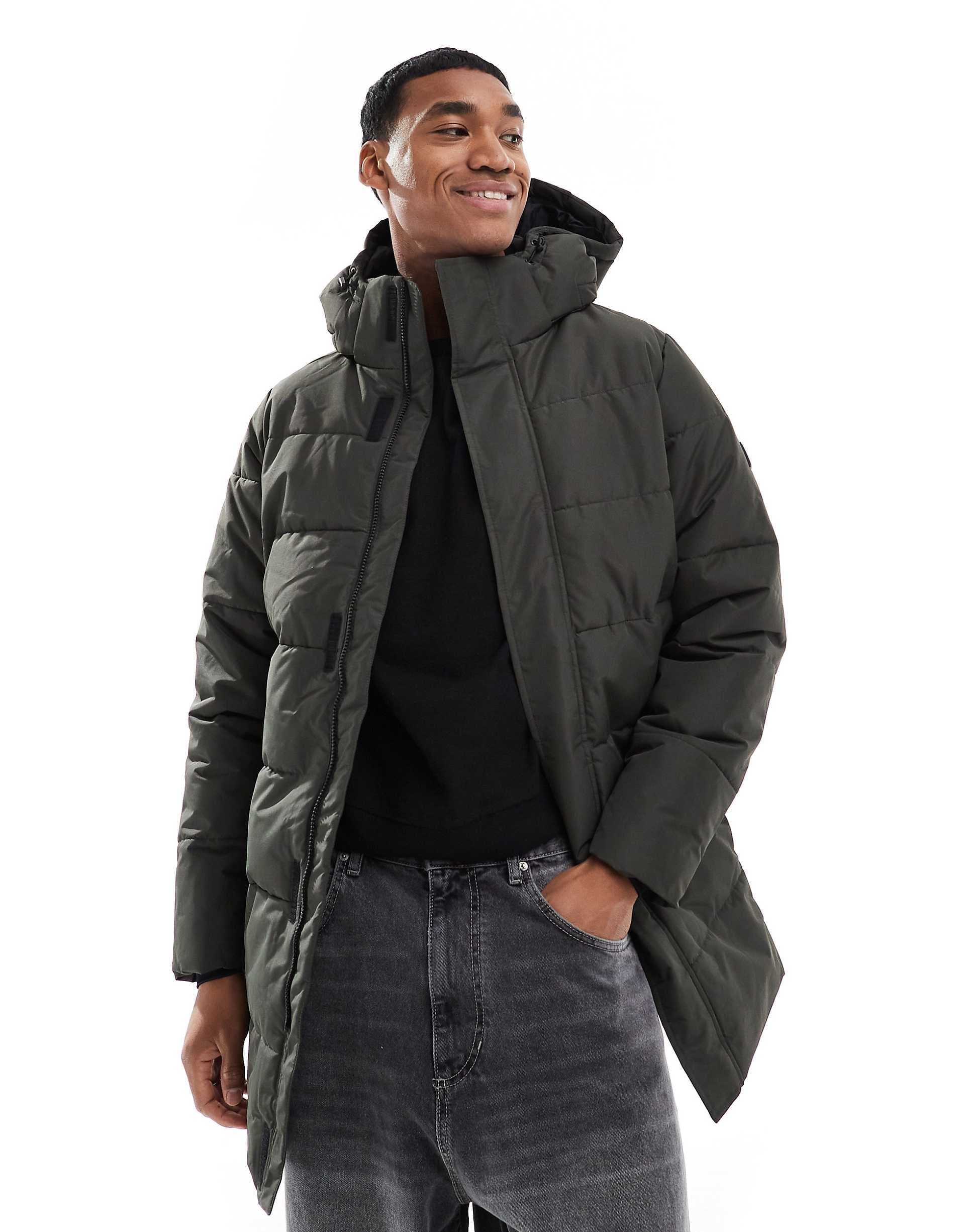 ONLY & SONS longline quilted coat with hood in dark green
