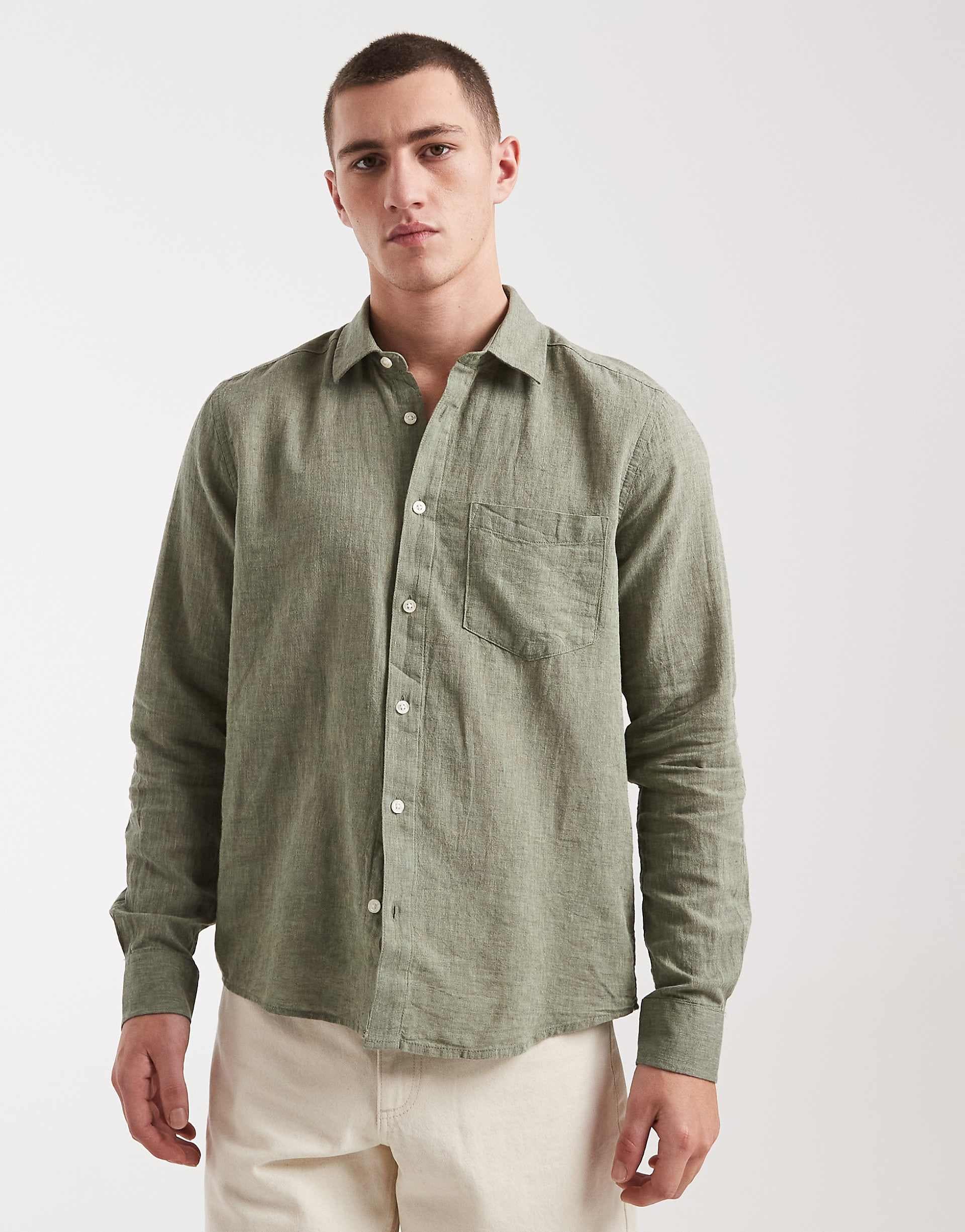 ONLY & SONS regular fit linen mix long sleeve shirt in sage