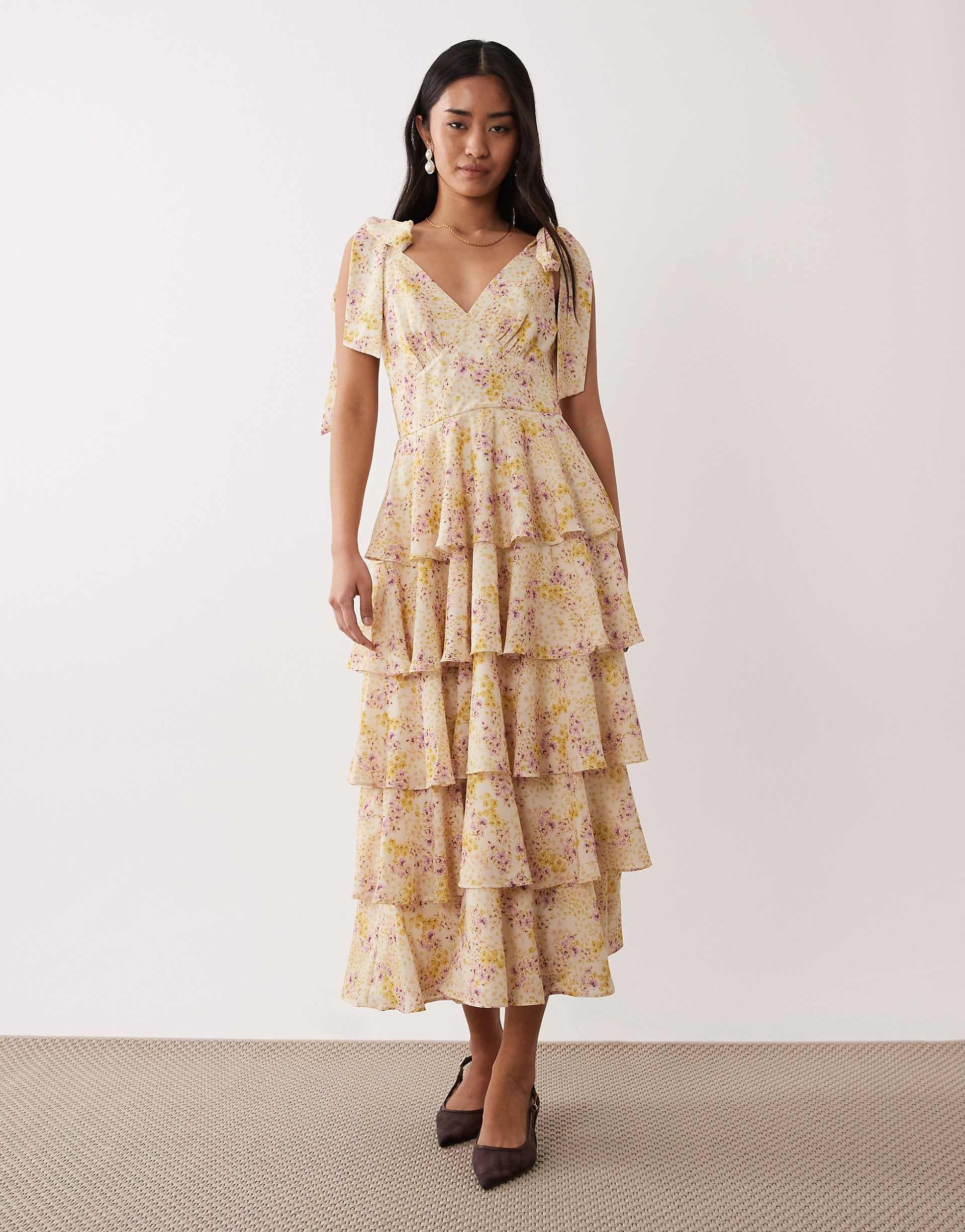 Pretty Lavish Fiore tie shoulder ruffle midaxi dress in ditsy floral