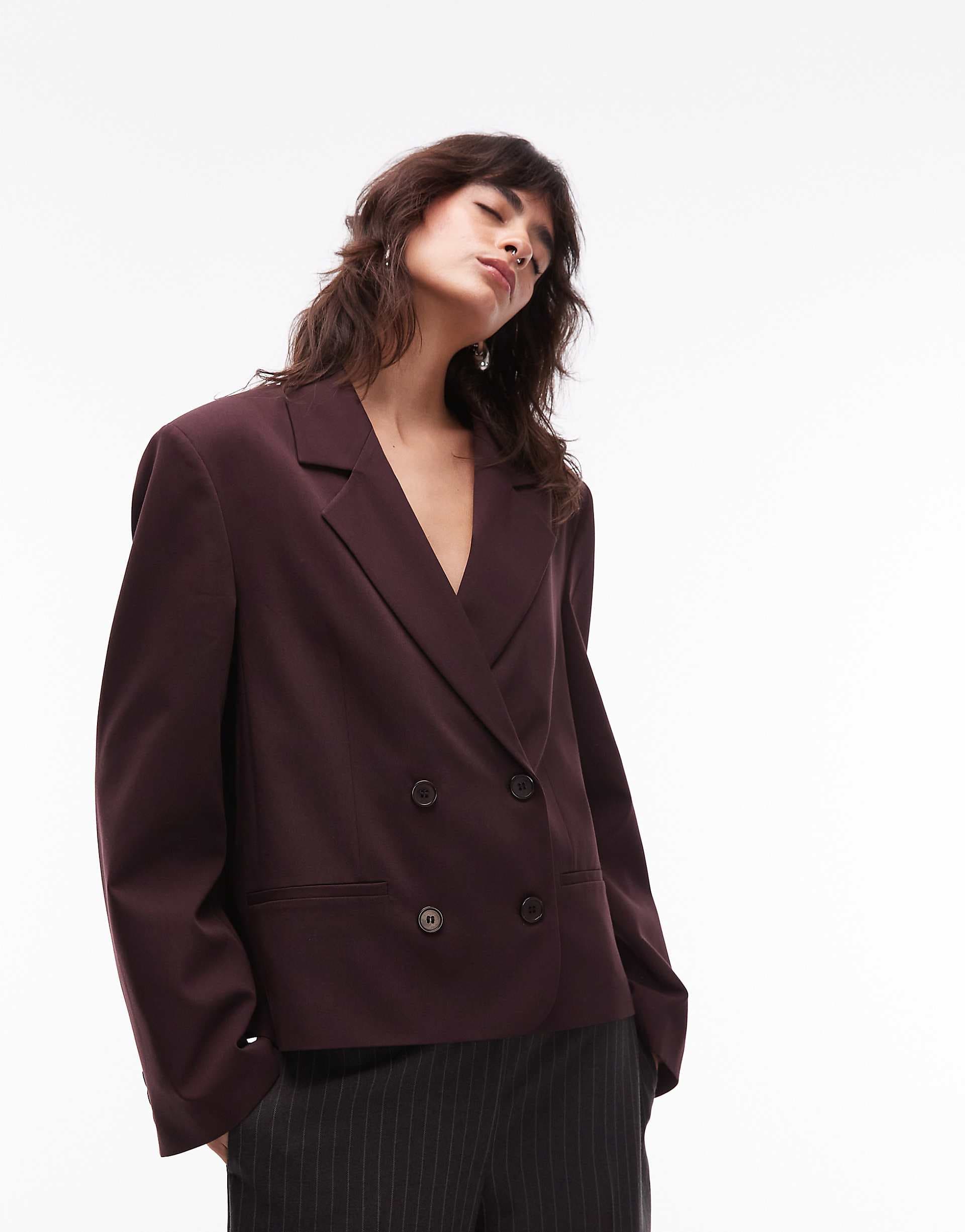 ASOS DESIGN tailored double breasted boxy blazer in plum