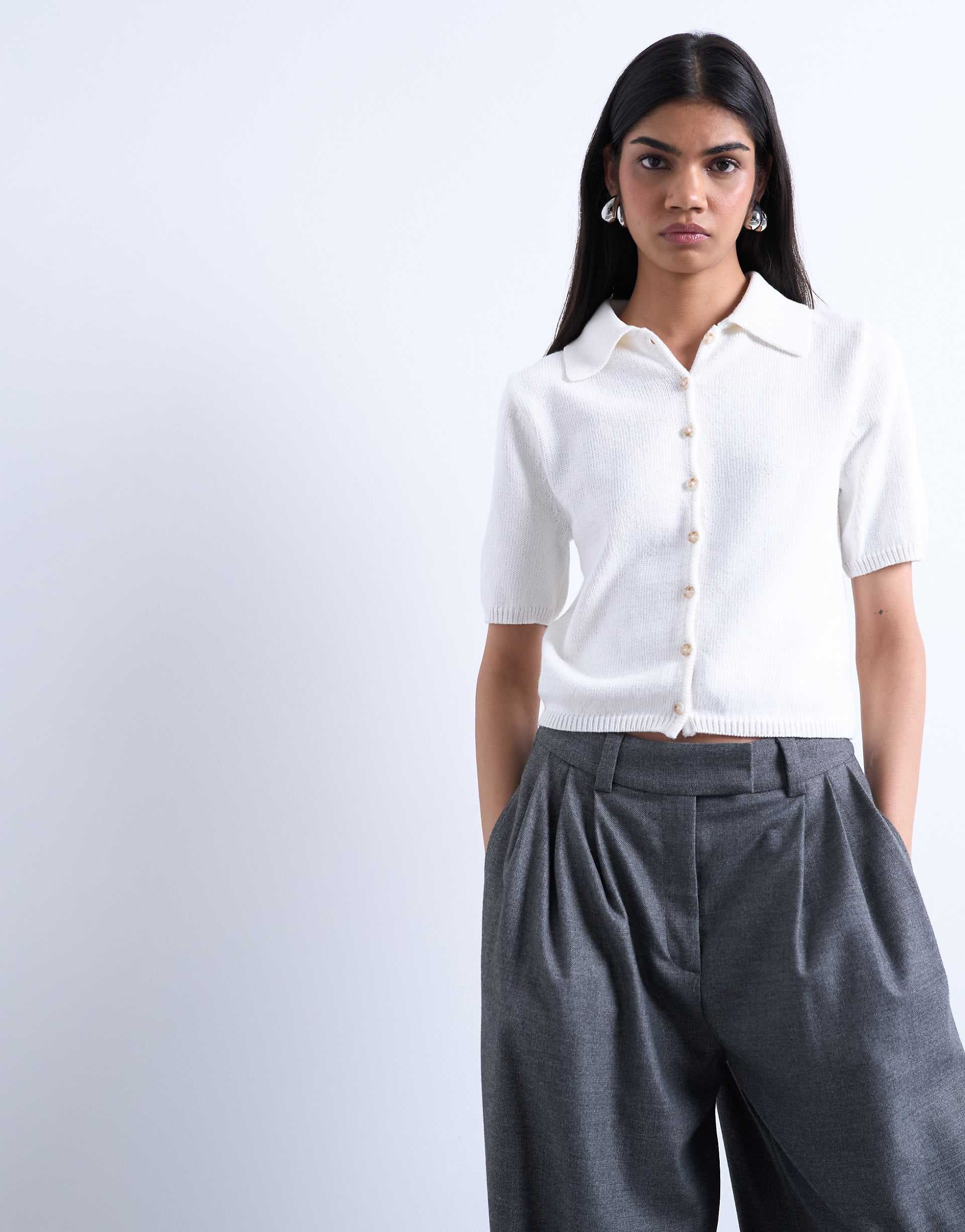 Topshop knit short sleeve polo top in neutral