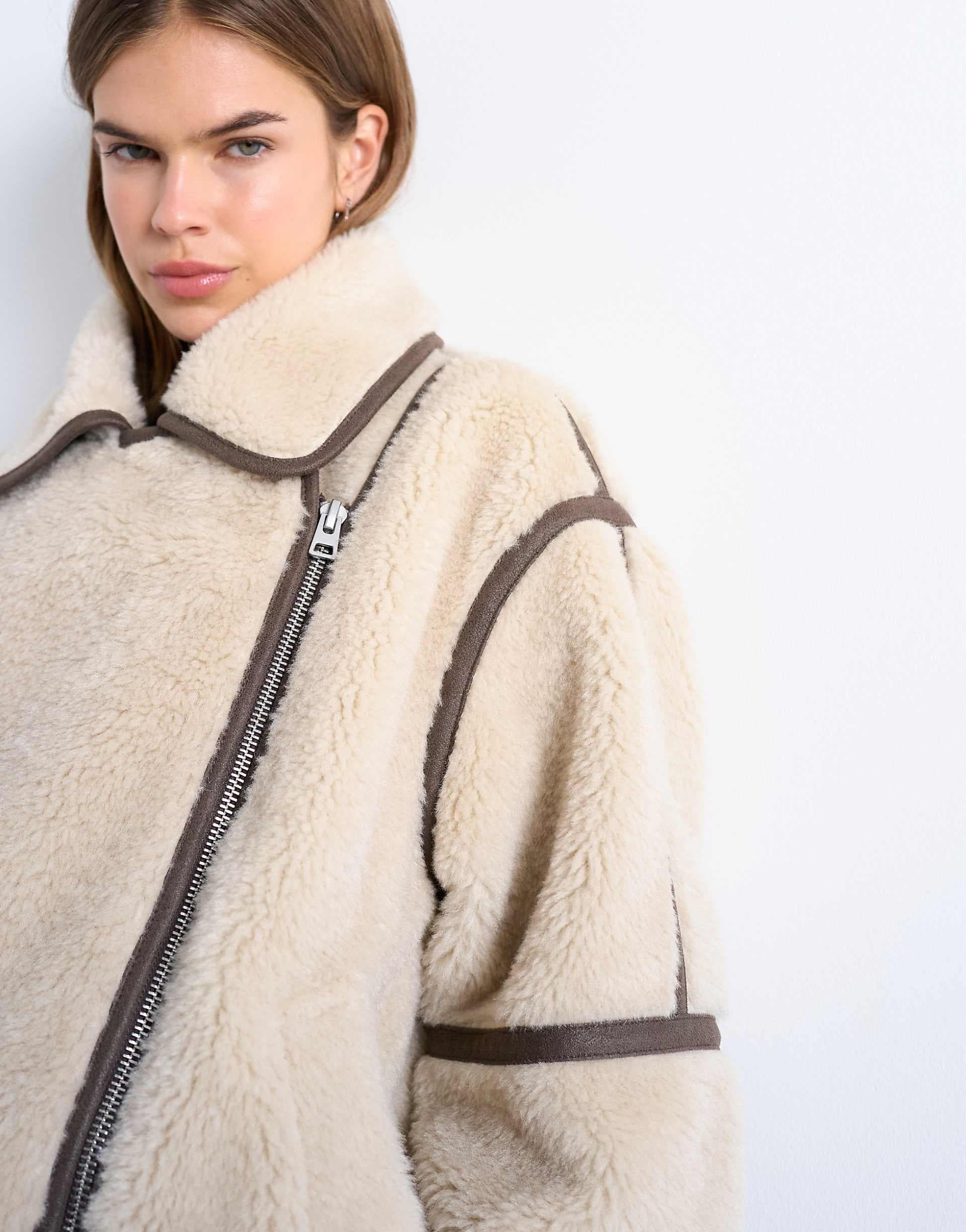 Topshop borg aviator oversized jacket in cream