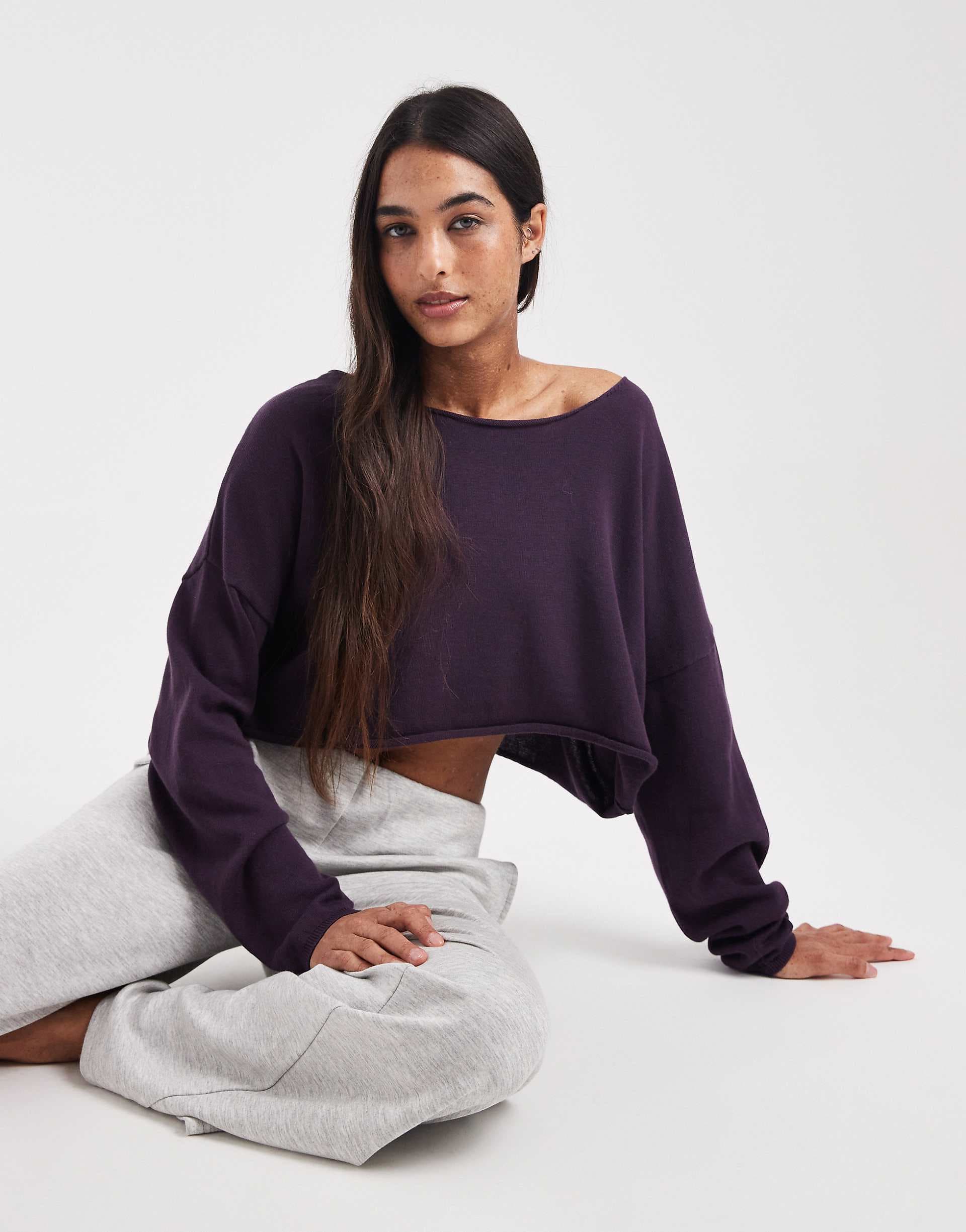 Cotton On off the shoulder cropped knit in chocolate plum