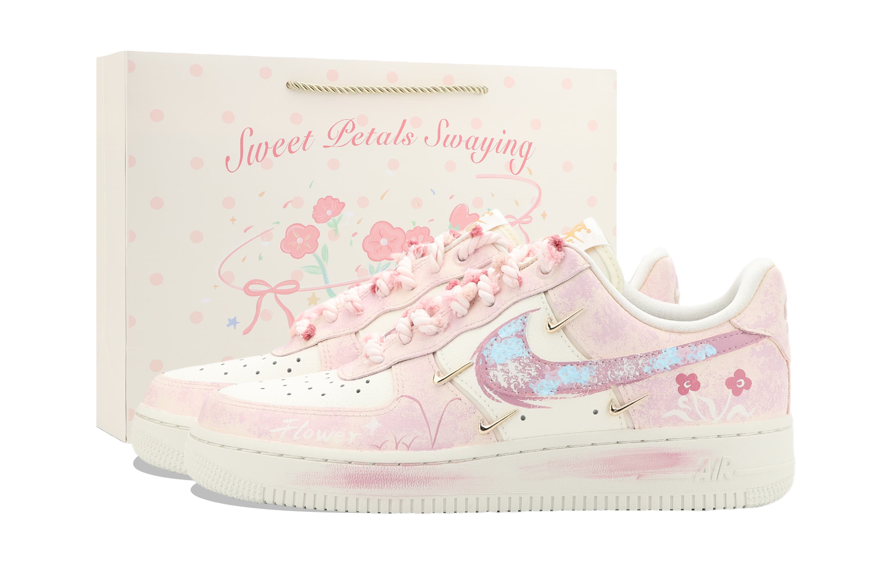 Custom SneakersNike Air Force 1 Jiang Jin Yue Pink Flower Sea Tie-Dye Dopamine Small Flowers College Style Travel Season Slip-Resistant Wear-Resistant Mid-Top Board Shoes Women's Pink White
