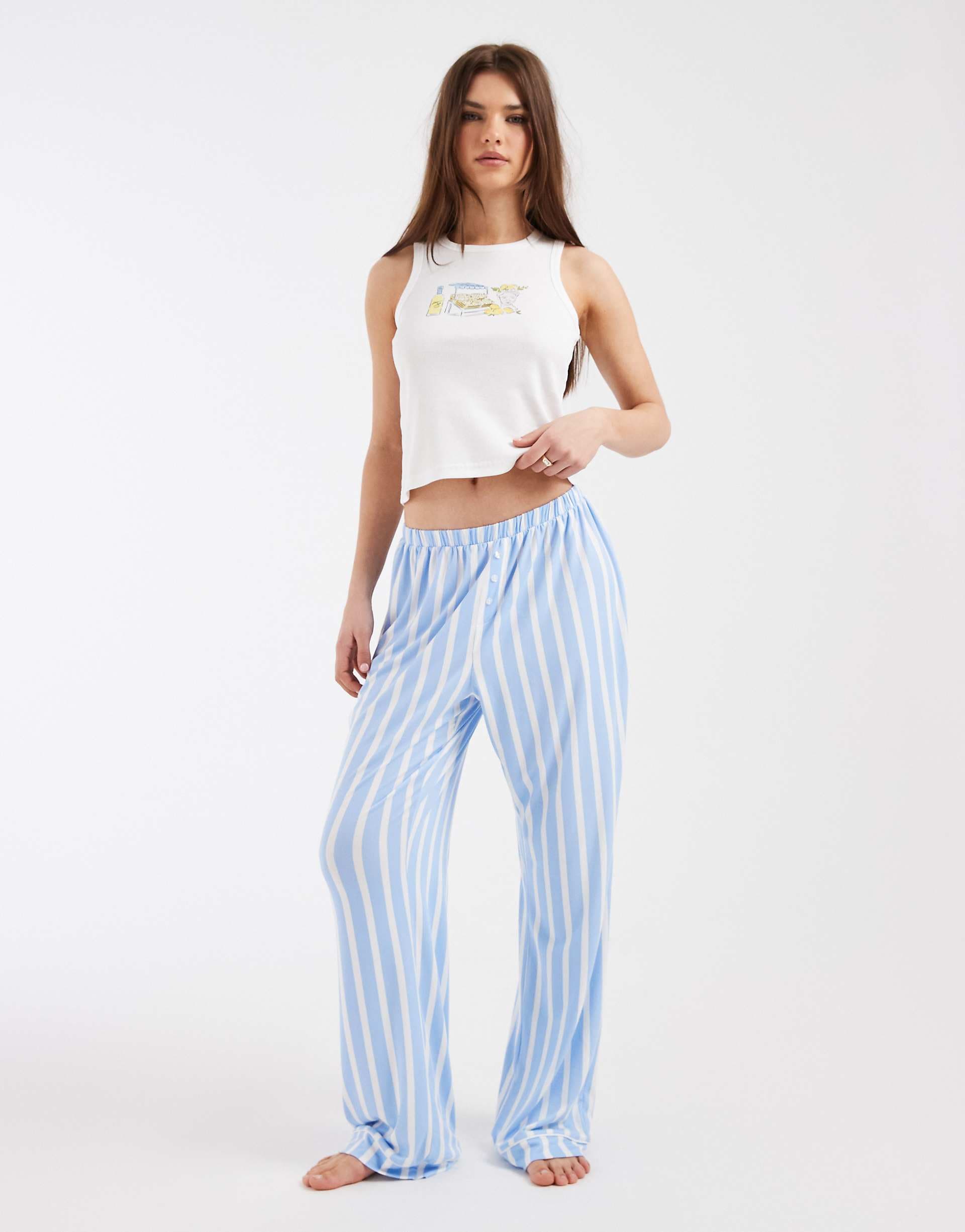 Loungeable lemon print rib knit tank top and jersey pants pajama set in blue stripes