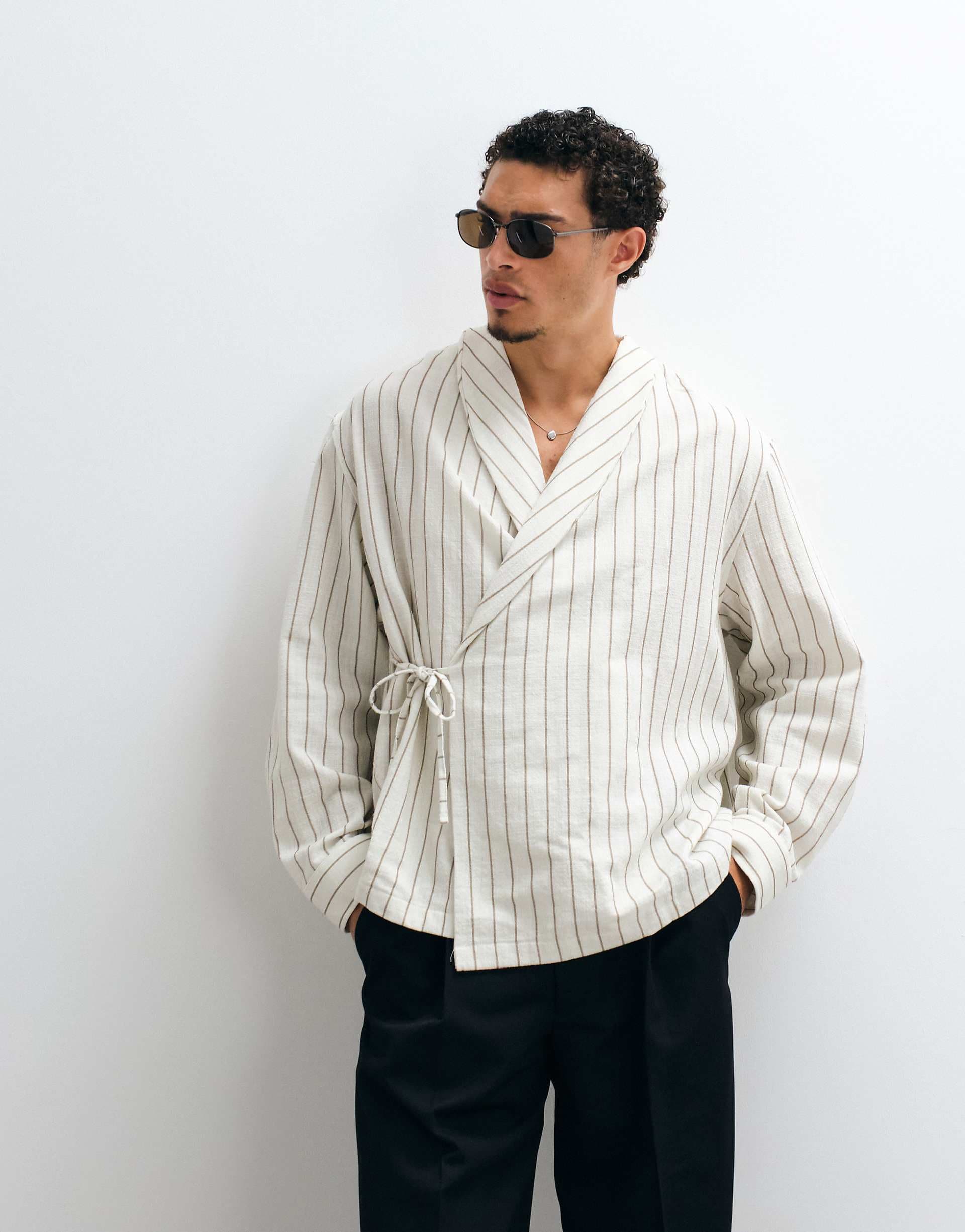 ASOS DESIGN oversized wrap tie striped shirt in linen look in ecru