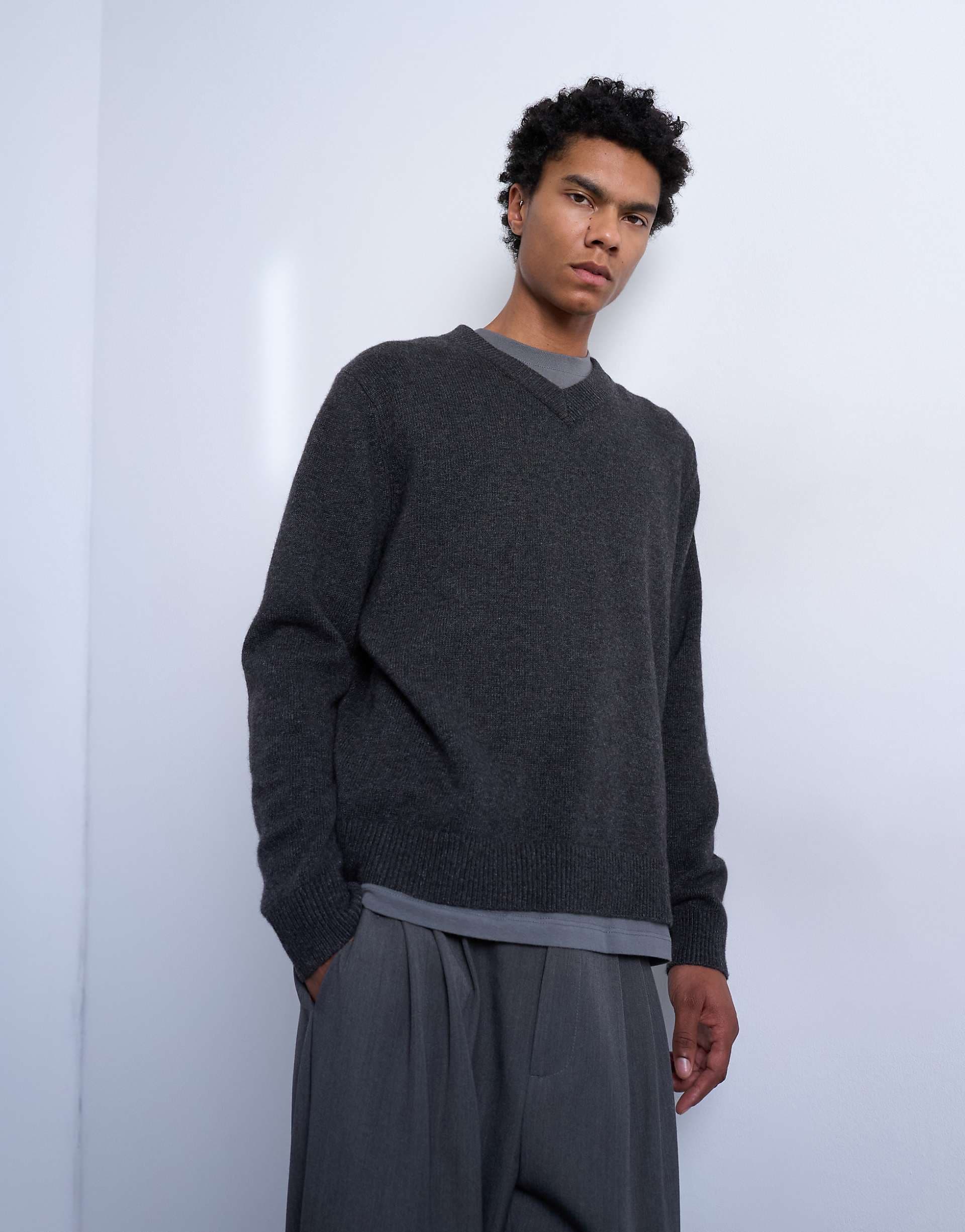 Topman regular fit knit v-neck sweater with wool in charcoal