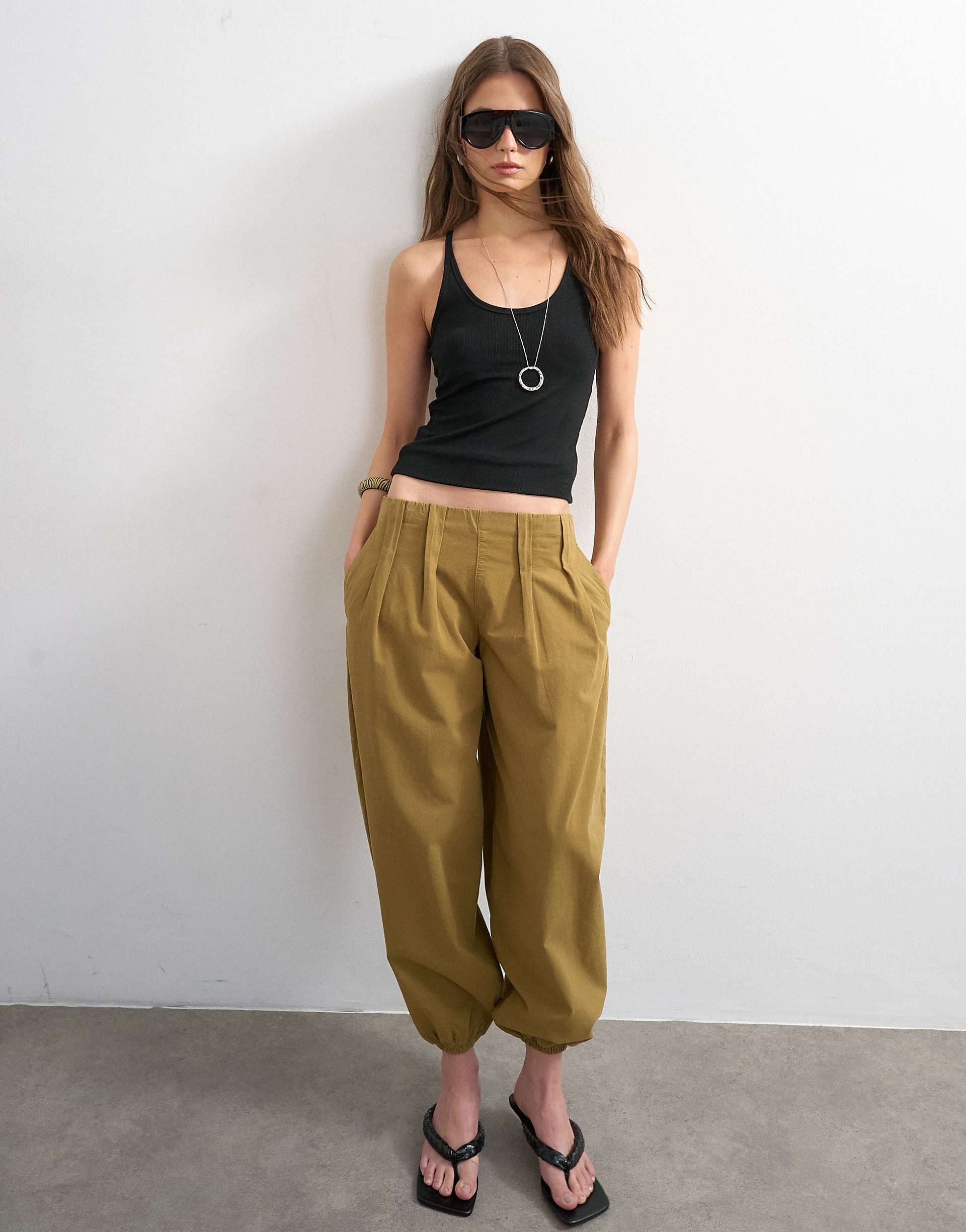 Topshop poplin balloon pants in khaki green