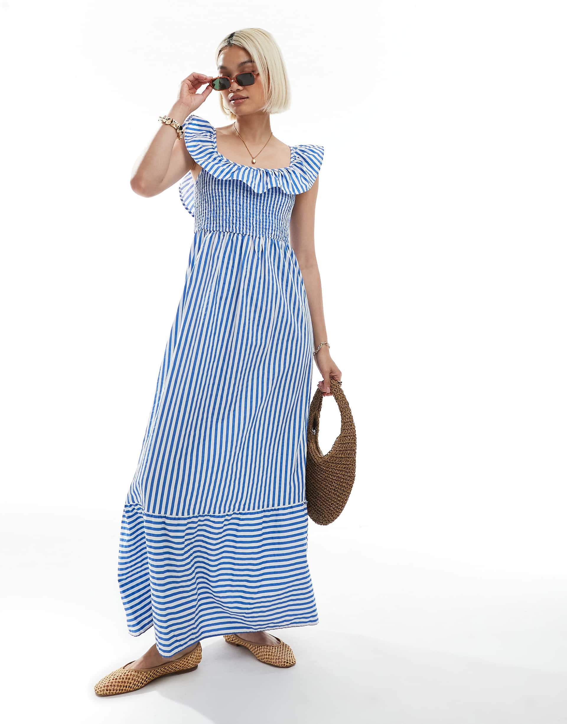 Vero Moda shirred bodice maxi dress with frill sleeve details in blue & white stripes