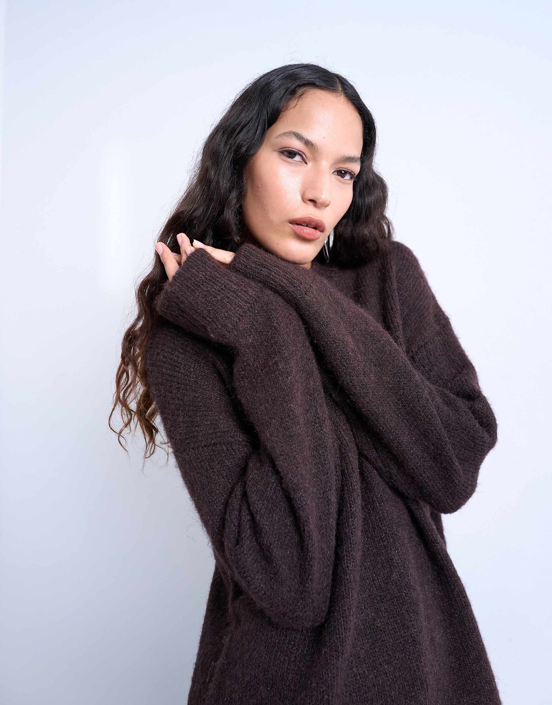 Topshop knitted boxy fluffy crew neck sweater in chocolate