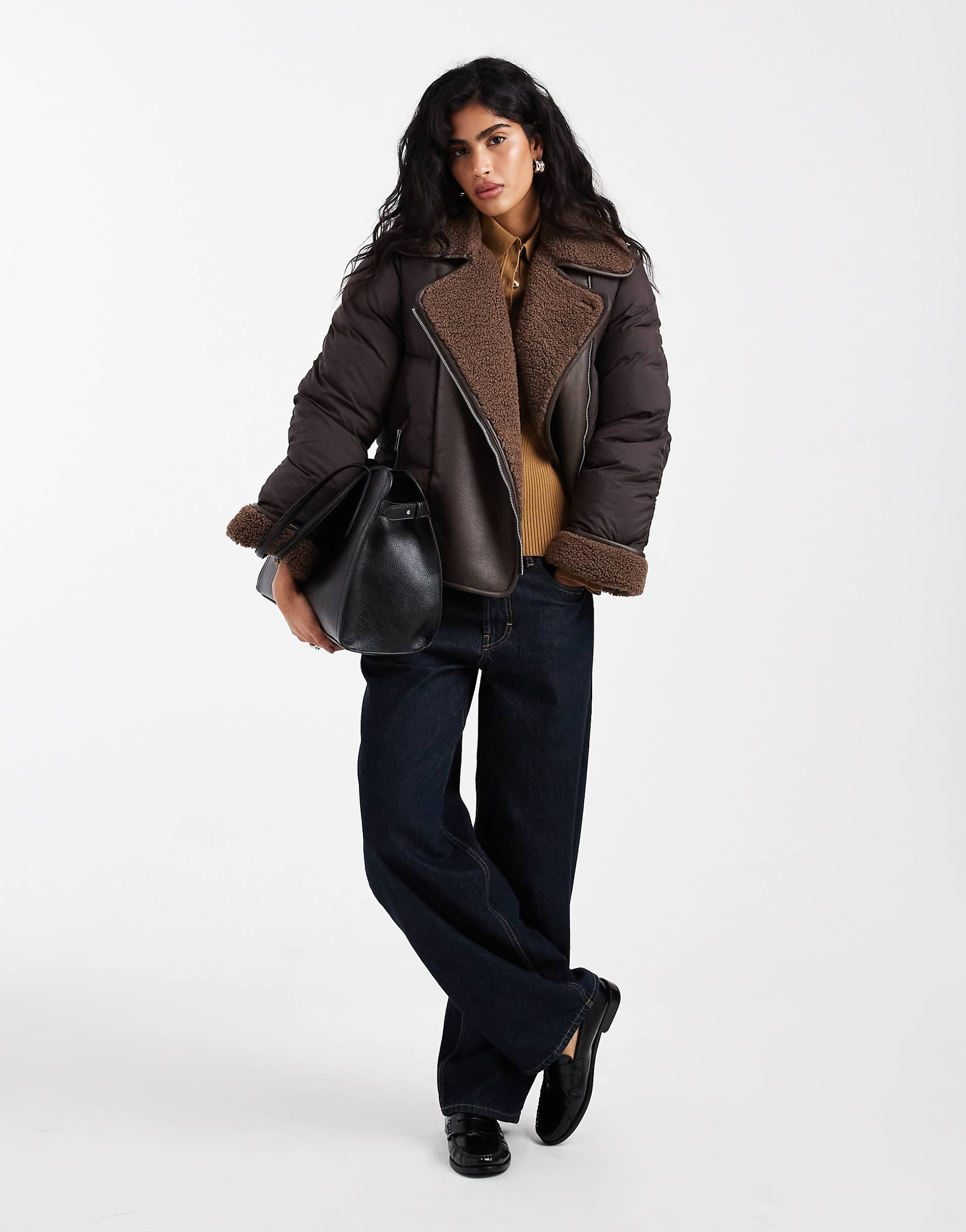 Vero Moda mixed textile short puffer jacket with borg trim in chocolate
