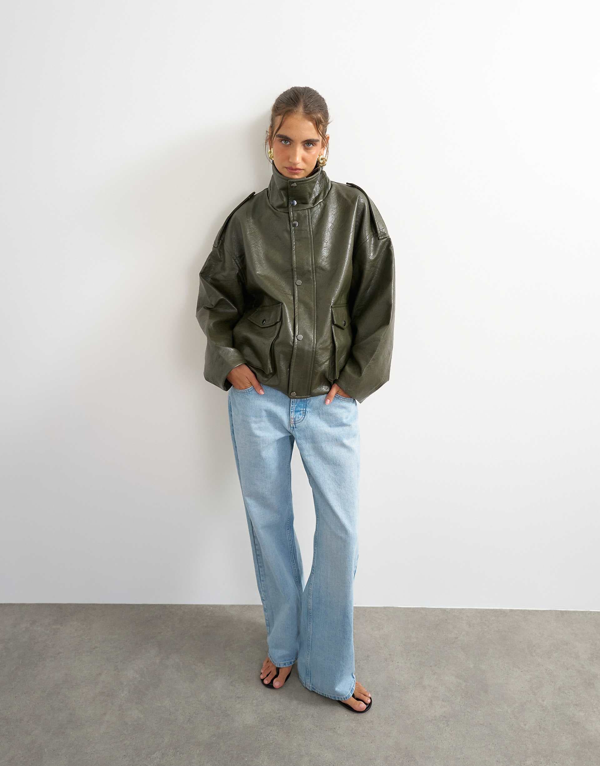 Topshop faux leather funnel neck drawstring bomber jacket in green