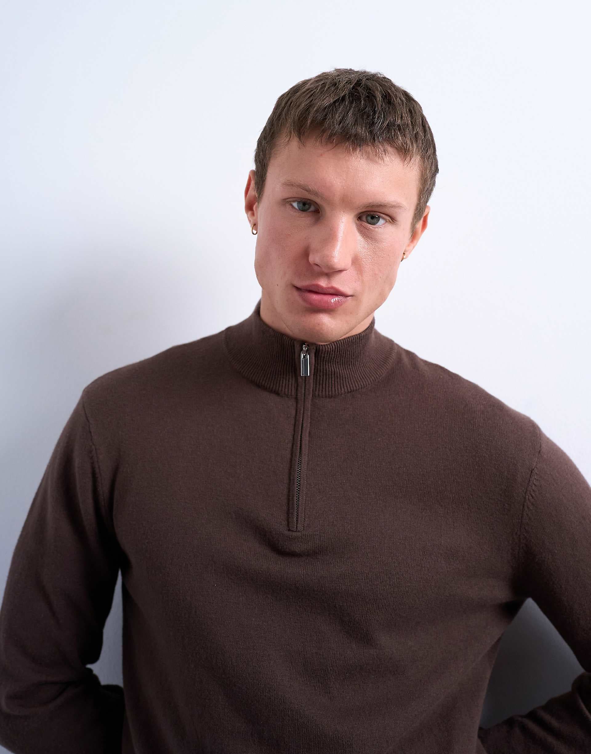 Topman essential knit 1/4 zip funnel neck sweater in brown