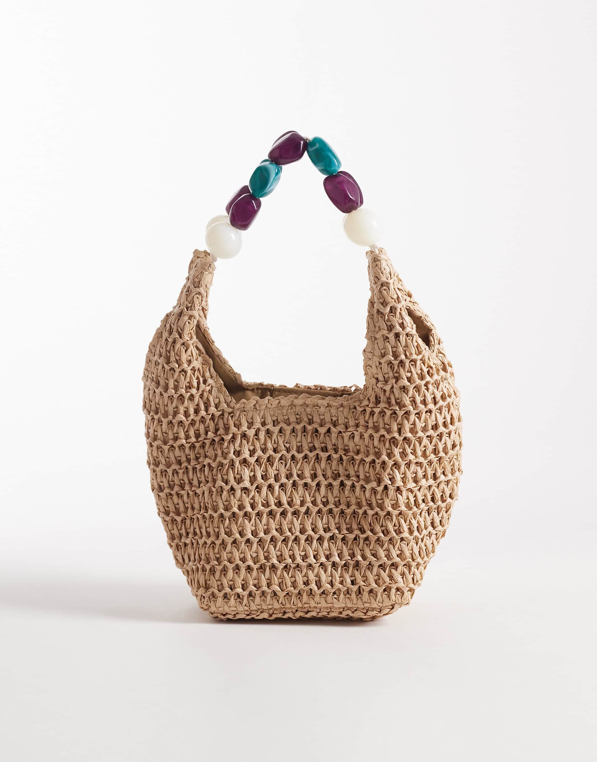 South Beach straw clutch purse with resin beaded handle in natural