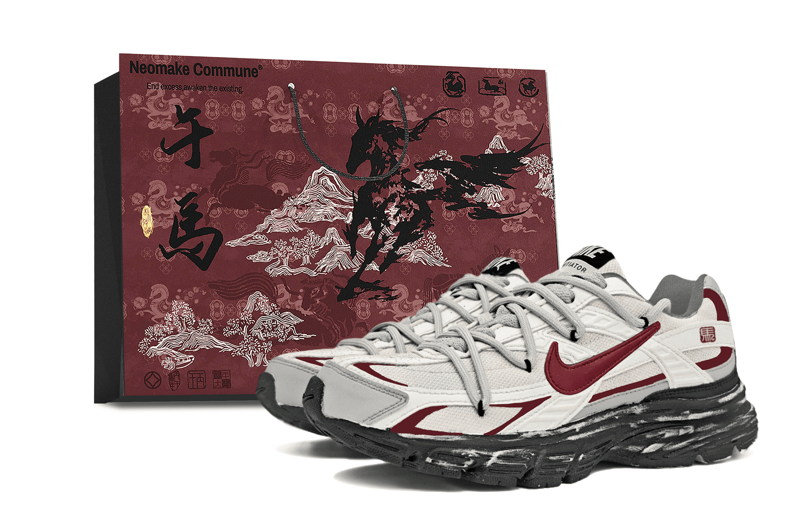 Custom Sneakers Nike Initiator New Year Year of the Horse CNY Gift Bag Edition Gift for Spring Festival Couple New Year Goods National Trend Wasteland Chinese Red All-Season Low-Top Running Shoes Unisex Red White Black