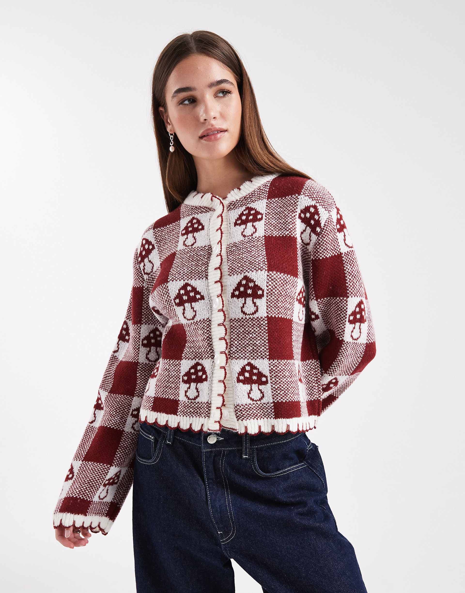 Miss Selfridge blanket stitching cardigan with novelty mushroom pattern