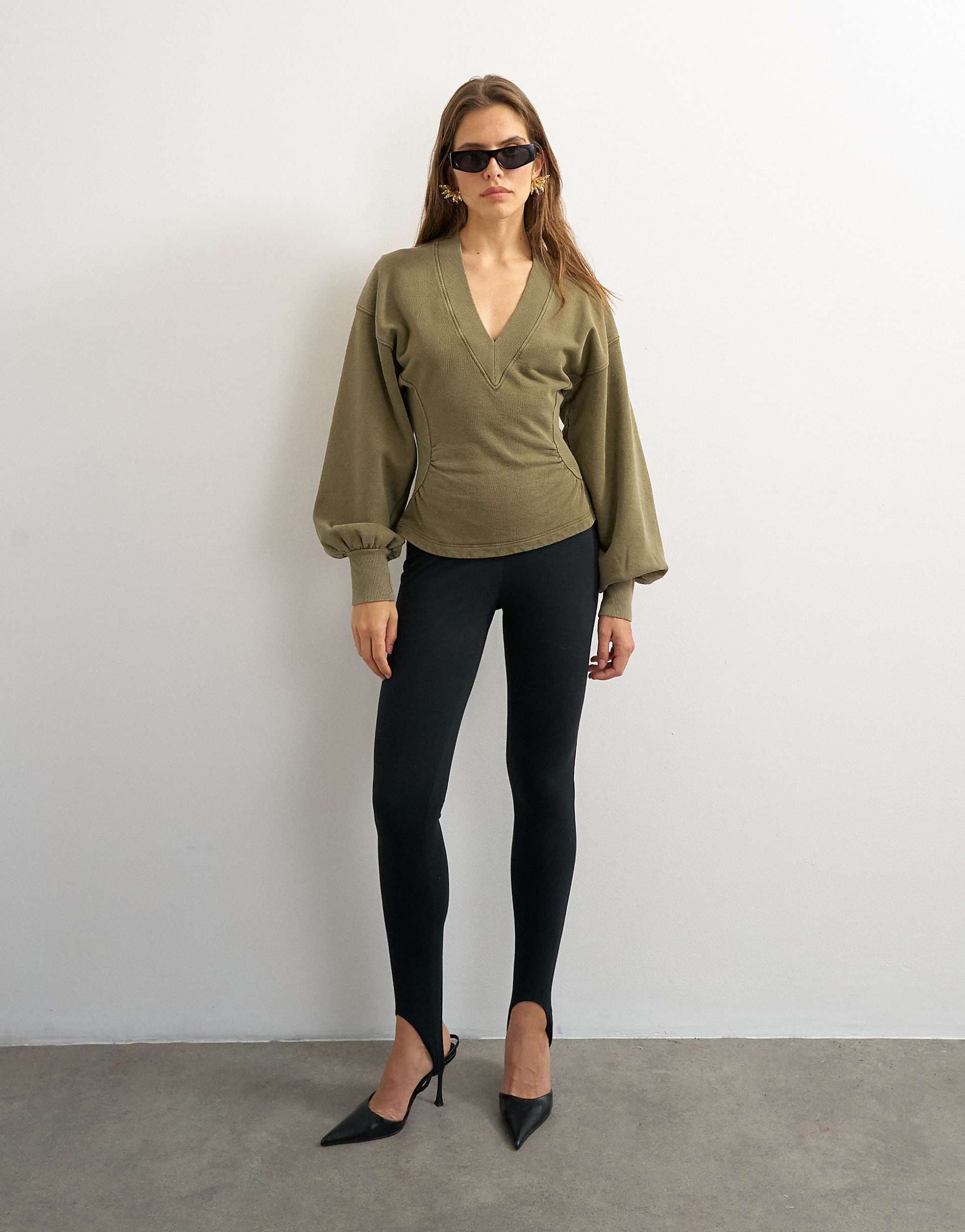Topshop v-neck cinch waist sweatshirt in khaki