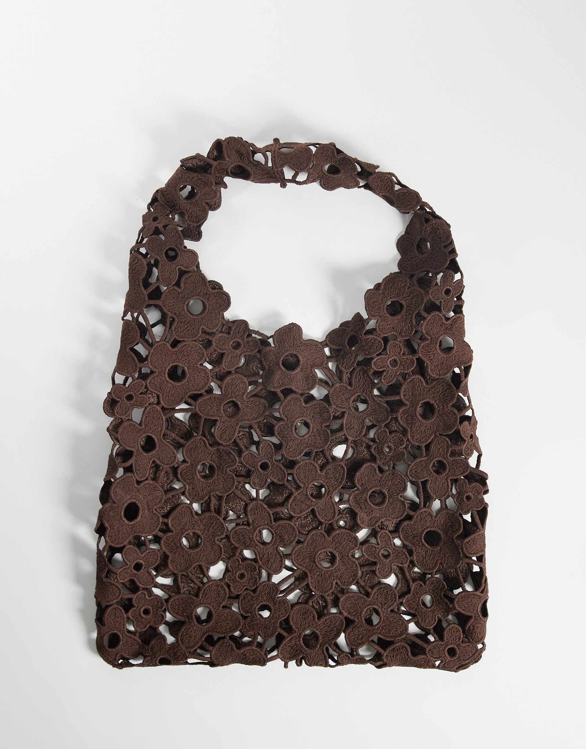 PIECES floral lace slouchy bag in chocolate brown