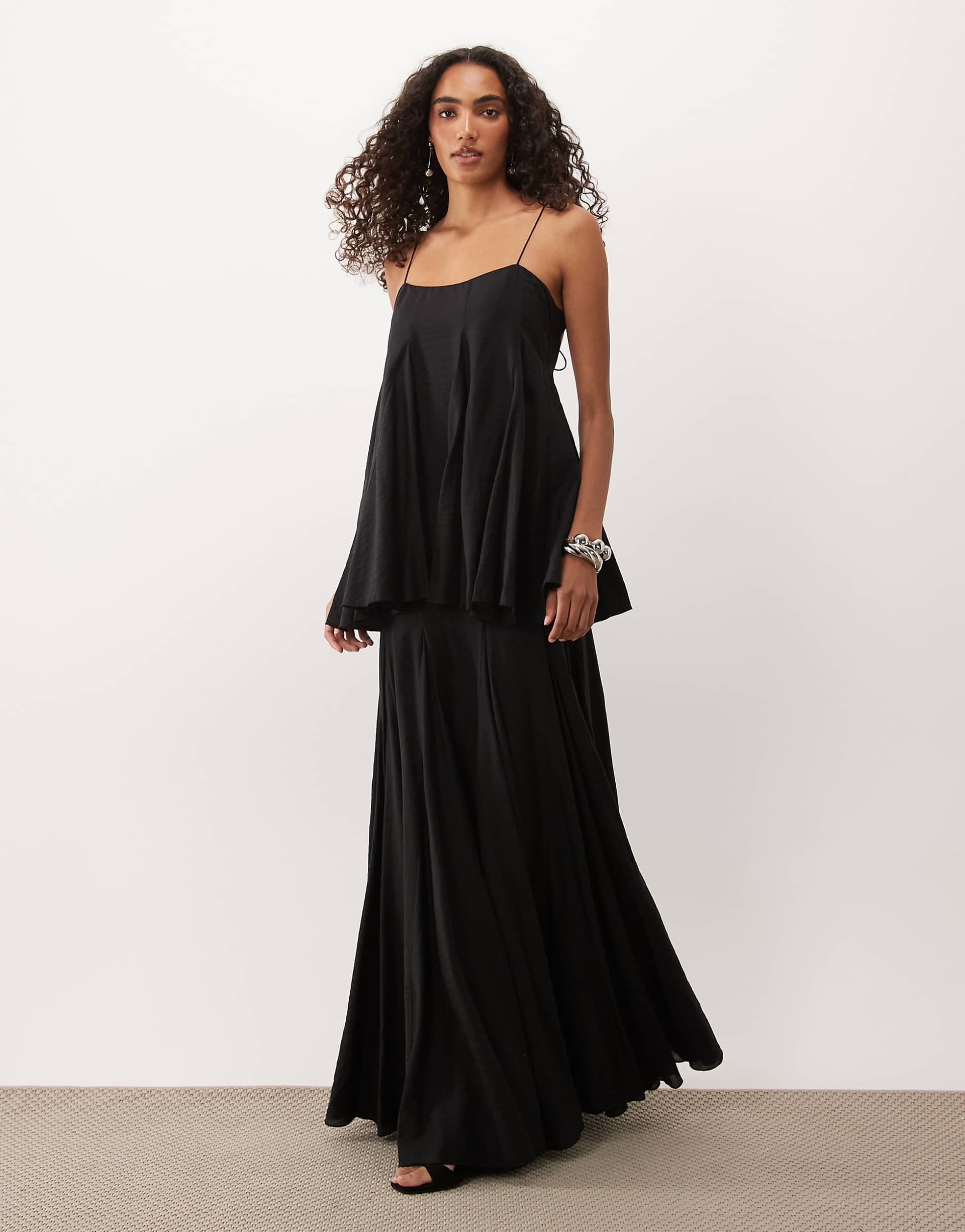 ASOS DESIGN Tall premium tiered cami maxi dress with godet full hem skirt in black