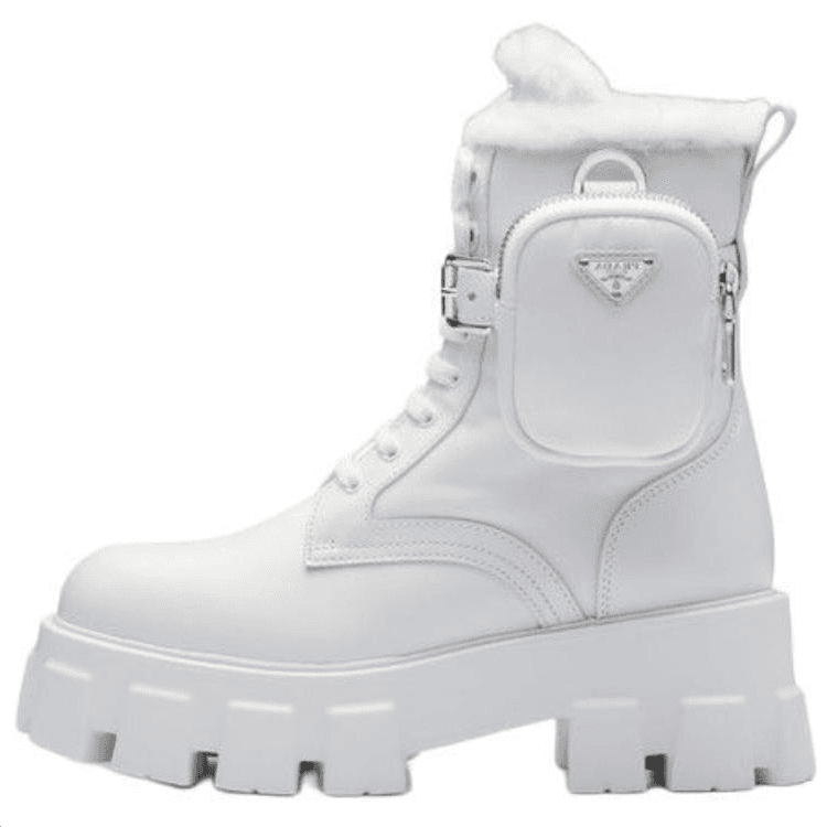 PRADA Monolith Leather Round Toe Lace-Up Ankle Boots Women's White
